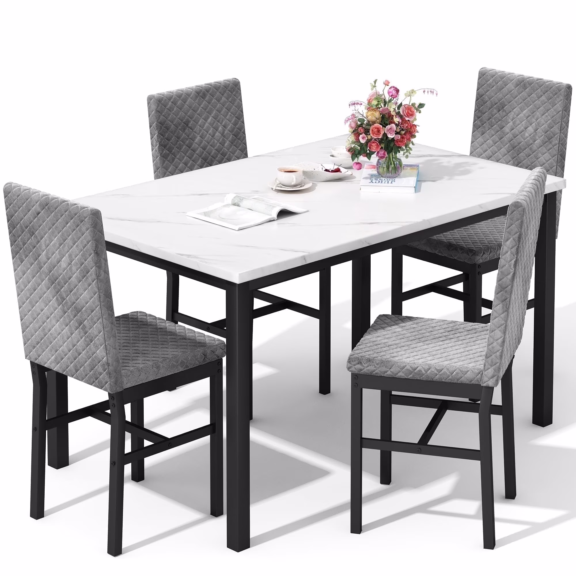 Lamerge Marble Kitchen Table Set with 4 Upholstered Velvet Chairs for Home Kitchen, Living Room, Dining Room, White and Gray