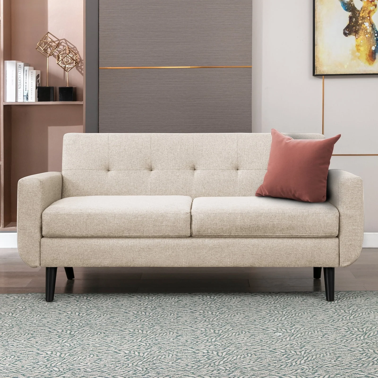 MUZZ 80" W Loveseat Sofa Couch, Mid-Century Modern Couch Love Seats Sofa for Living Room, Button Tufted Upholstered Small Couch for Bedroom, Apartment and Small Space, Easy Assembly, Beige