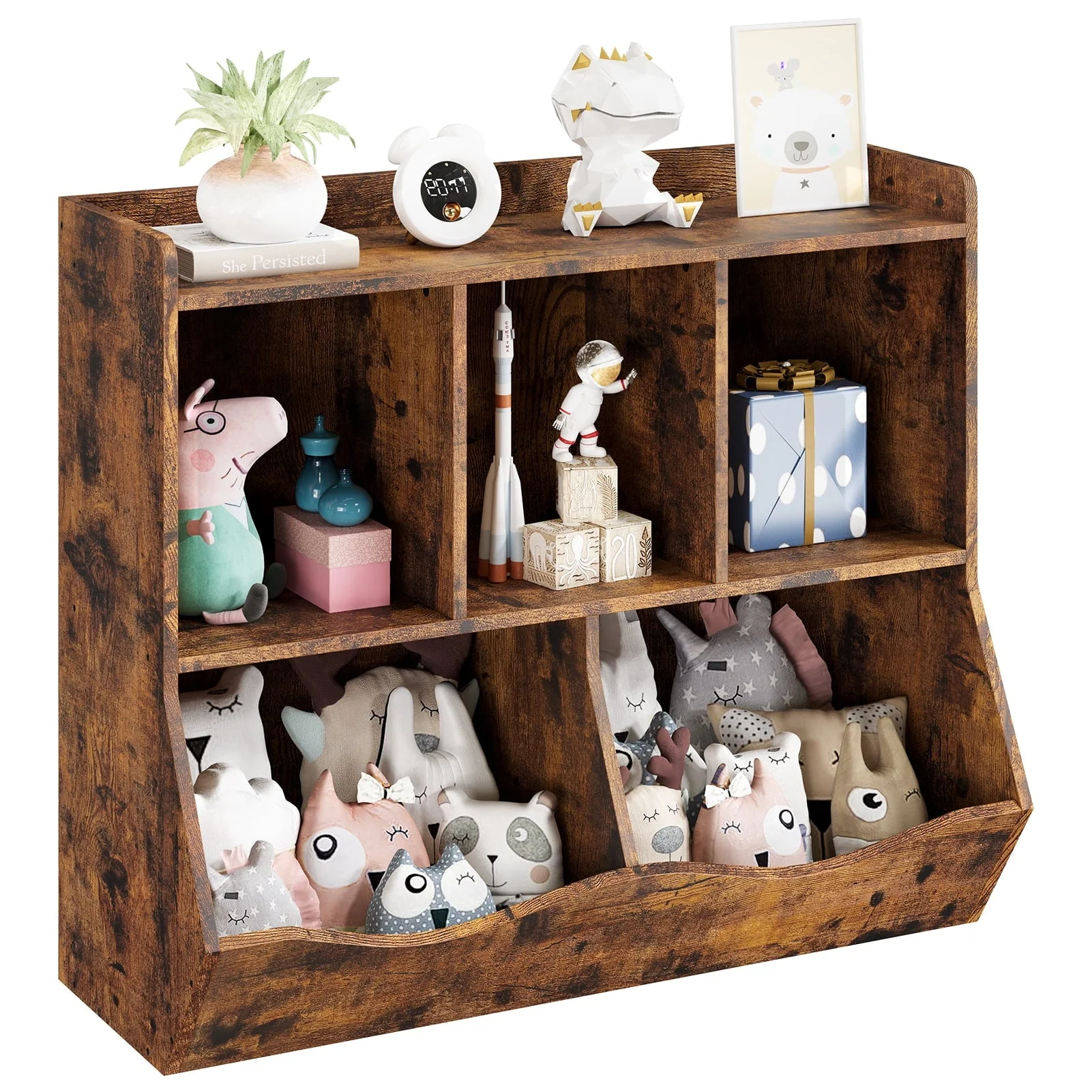 Kids Bookshel, Bookcase Toy Storage Multi Shelf & Cubby Organizer Cabinet, for Children Playroom Hallway Kindergarten School (Rustic Brown)