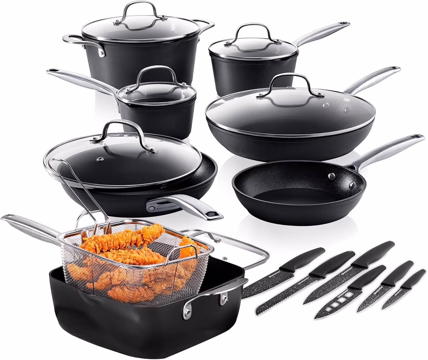 Granitestone Armor Max 20 Pc Hard Anodized Pots and Pans Set Non Stick, Induction Cookware Sets, Anodized Cookware Sets, Nonstick Cookware Set with Knife Set and Deep Fryer, Oven & Dishwasher Safe