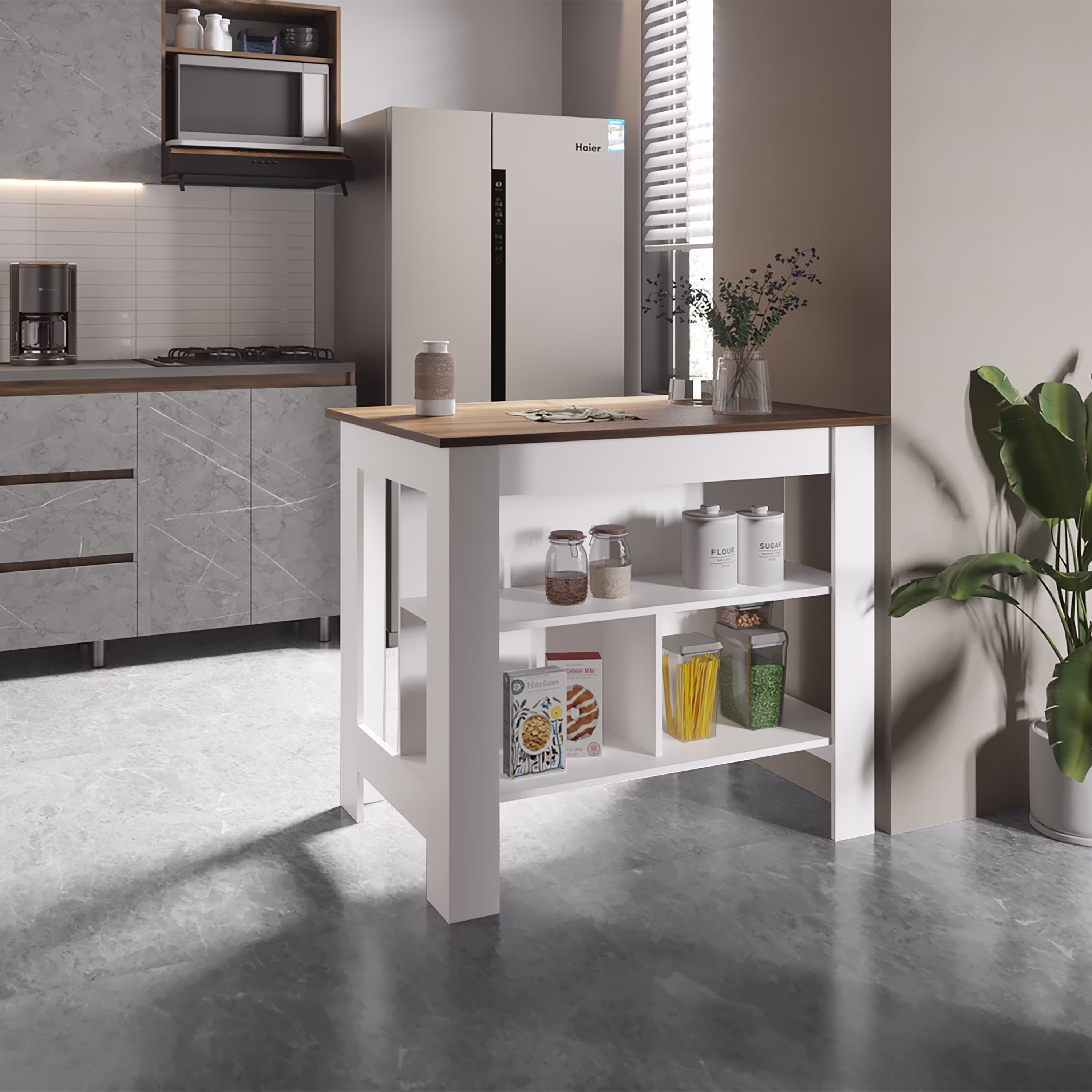 Izzovium Cortes Kitchen Island 2-Tier Shelf 40" Width, Large Work Top, Multi-Color, Particle Board, Spacious Storage & Stool Holder, Easy Assembly