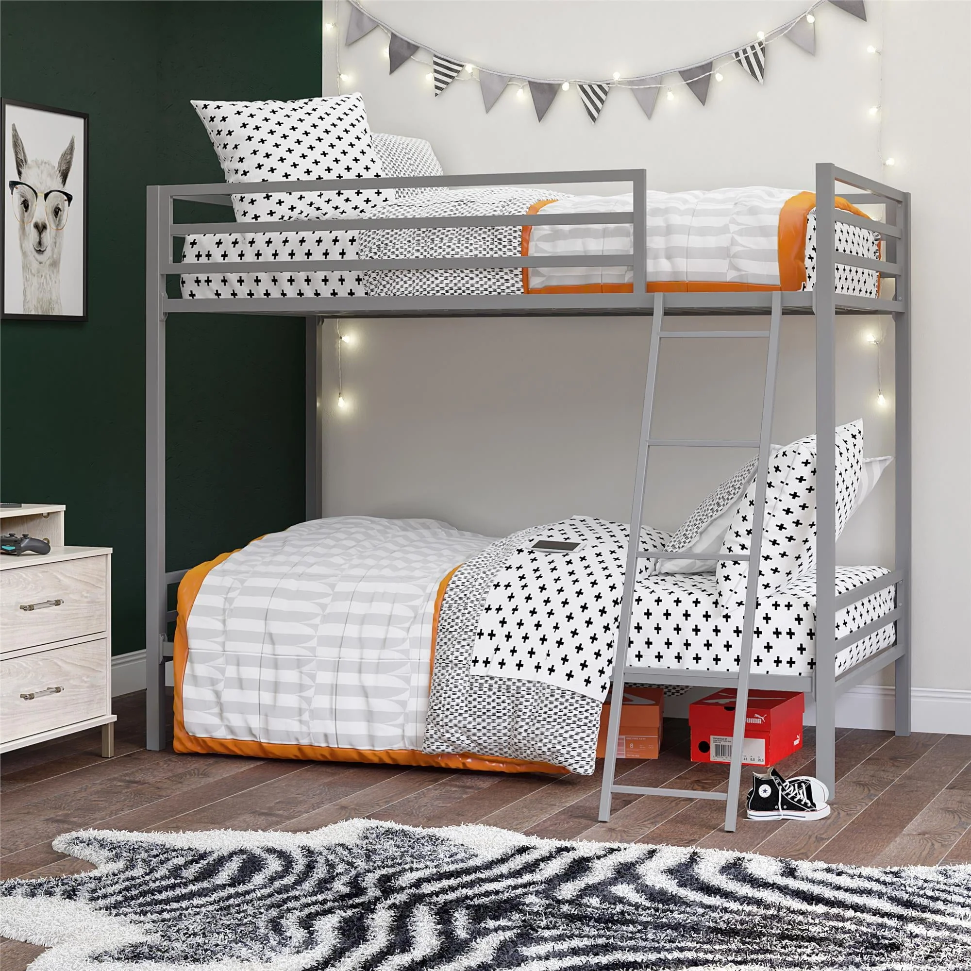 Teen Novogratz Charlie Twin-Over-Twin Metal Bunk Bed, Gray