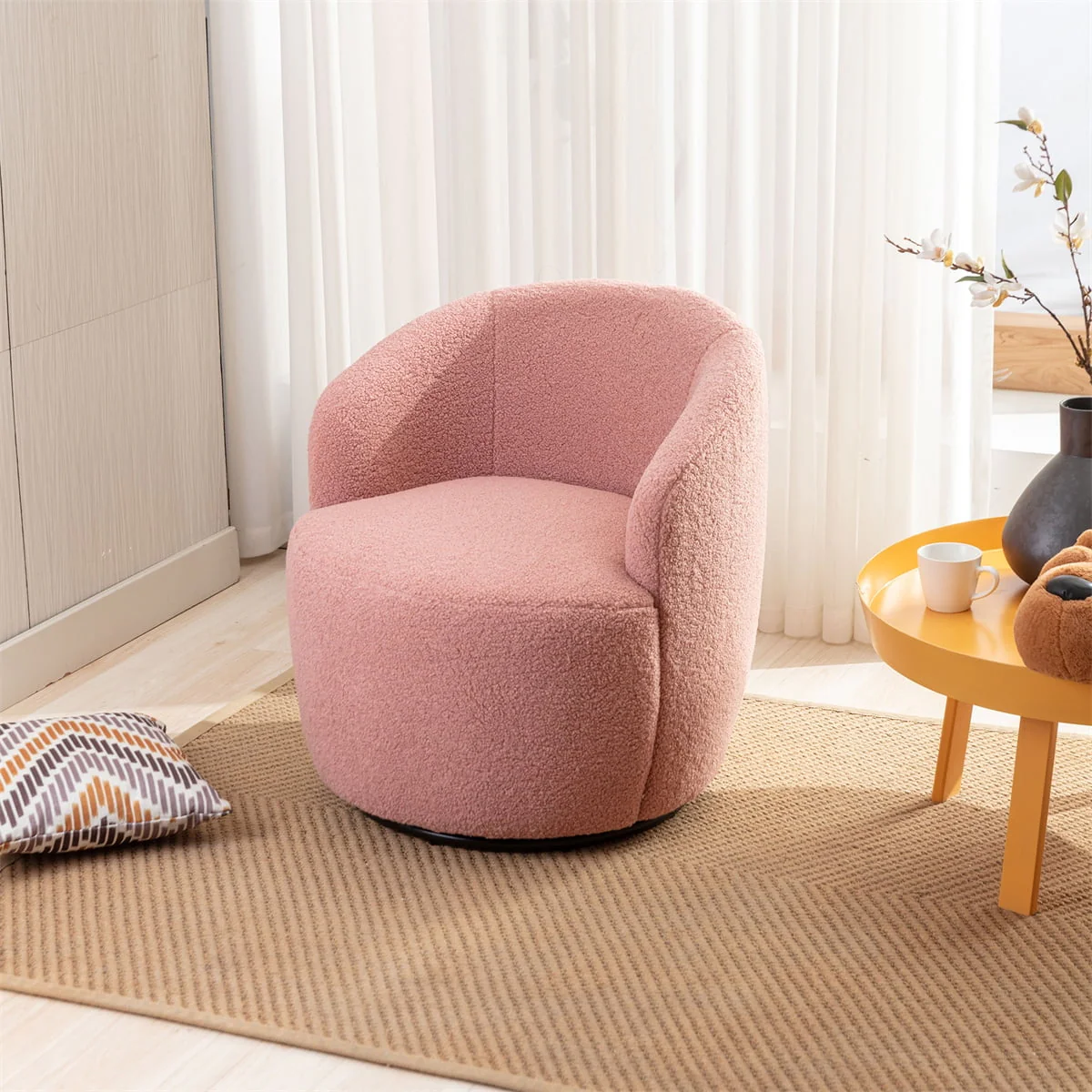 Swivel Accent Chair,Modern 360°Swivel Barrel Chair Leisure Chair,Accent Round Barrel Chair Reading Chair,Round Bucket Arm Chair with Comfy Tufted Back for Living Room Bedroom,Light Pink