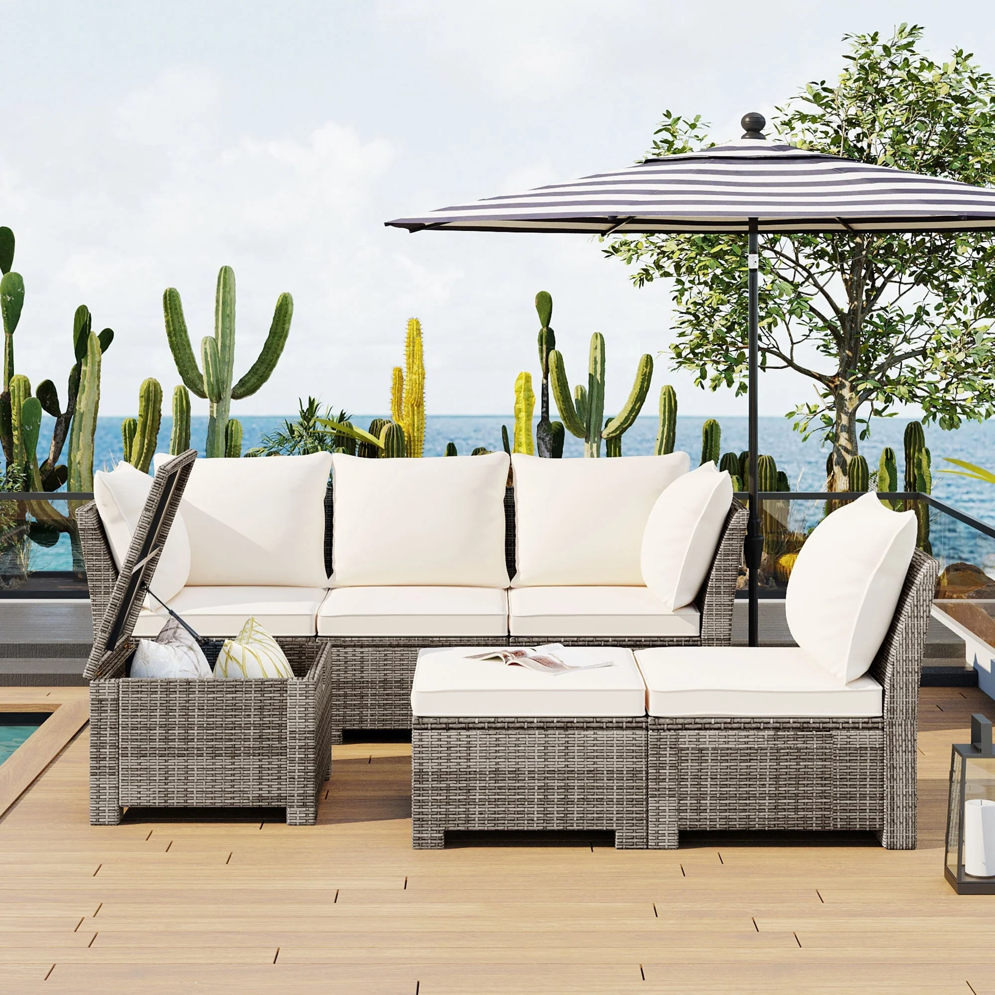 Euroco 6-Piece Outdoor Sofa Set with Storage Box, PE Wicker Seating Set for 5, Beige