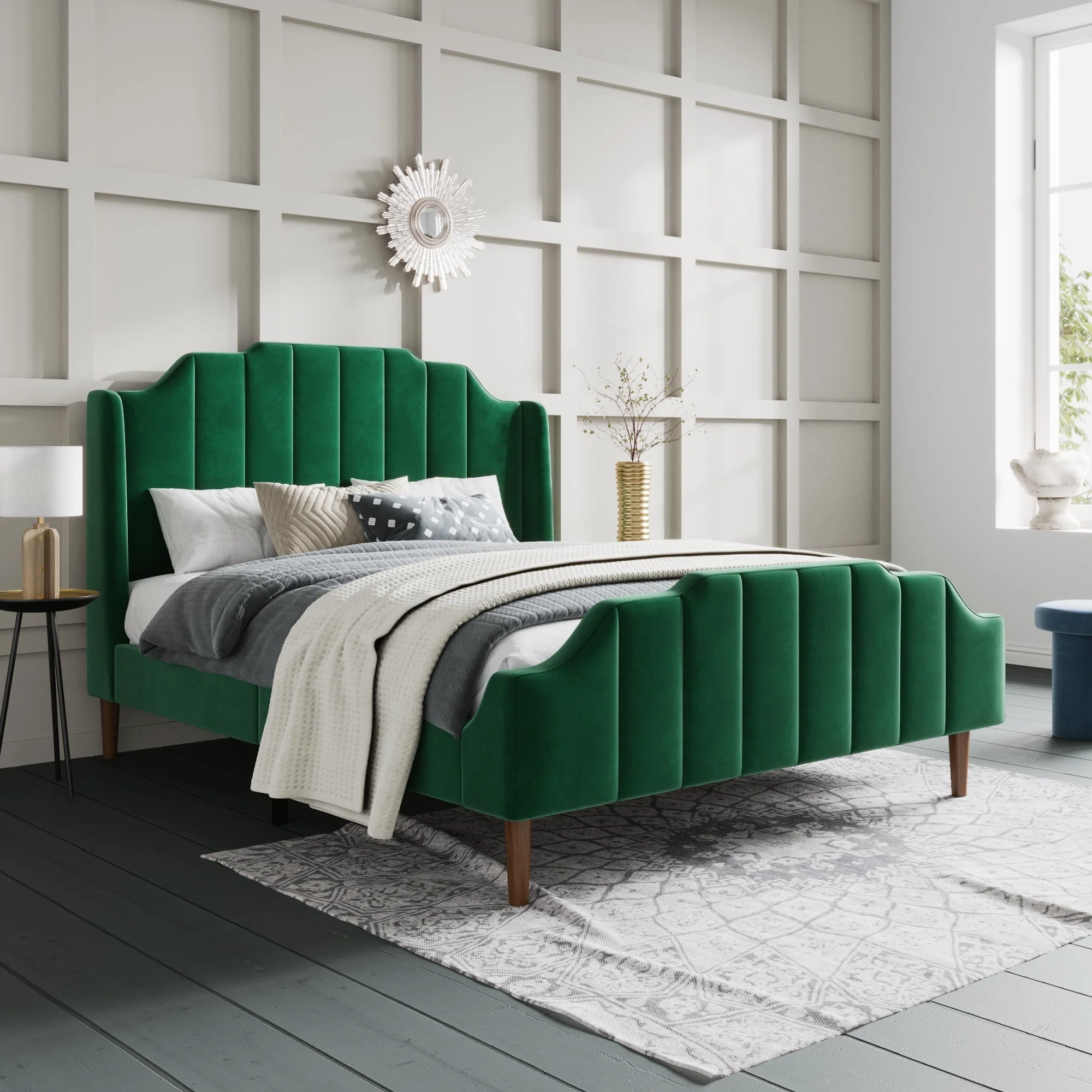 Sha Cerlin Green Queen Size Platform Bed Frame with Modern Upholstered Wingback Headboard, Adult