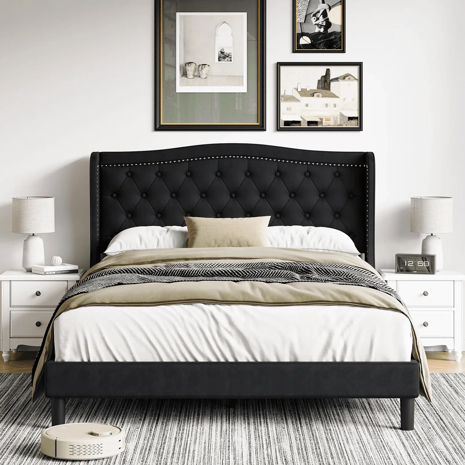 Homfa Queen Bed Frame, Wing-Back Button Tufted Upholstered Headboard, Modern Platform Bed Frame with Wood Slat Support for Bedroom, Black