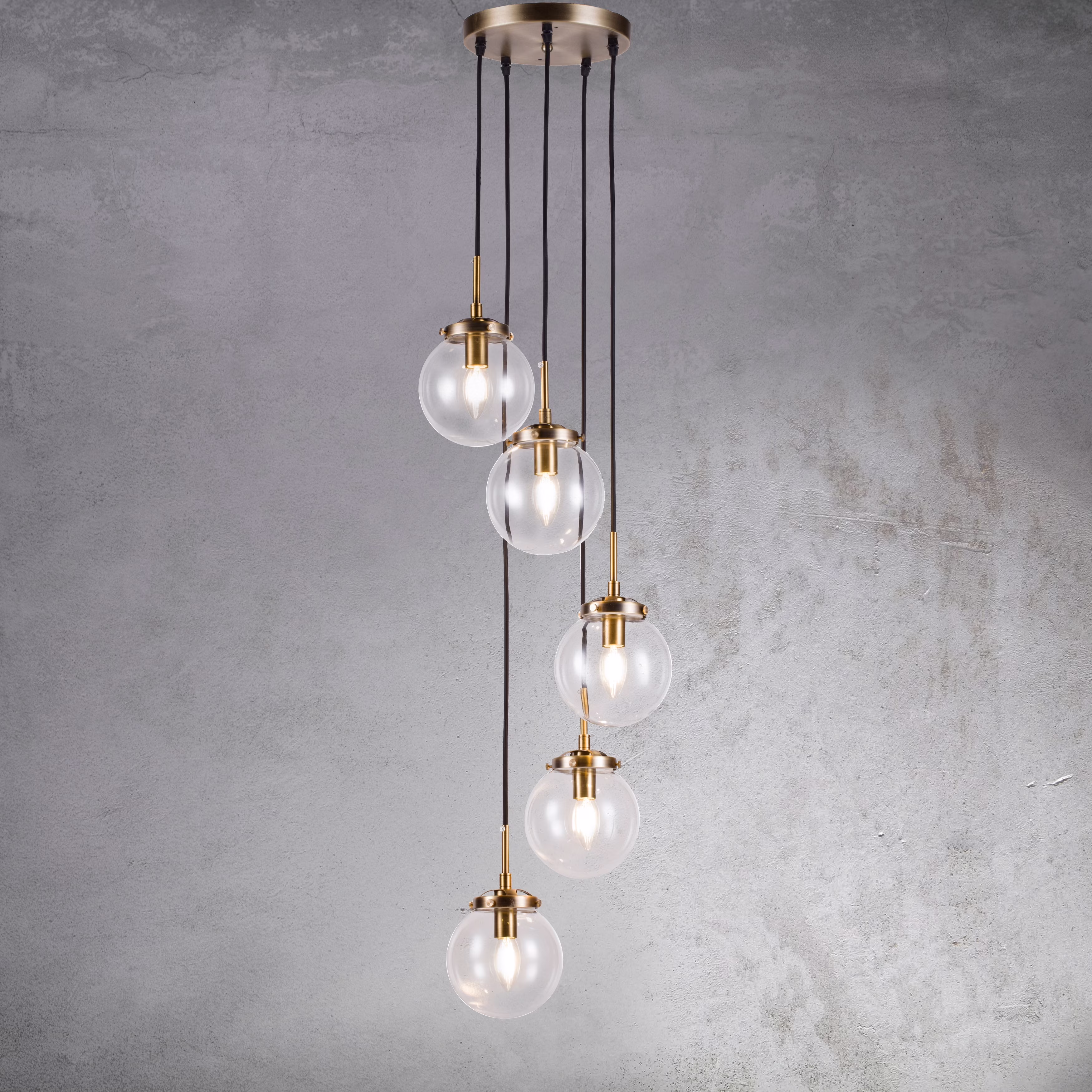 JYYQ.INC 5-Lights Modern Staircase Globe Bubble Glass Linear Chandelier Gold