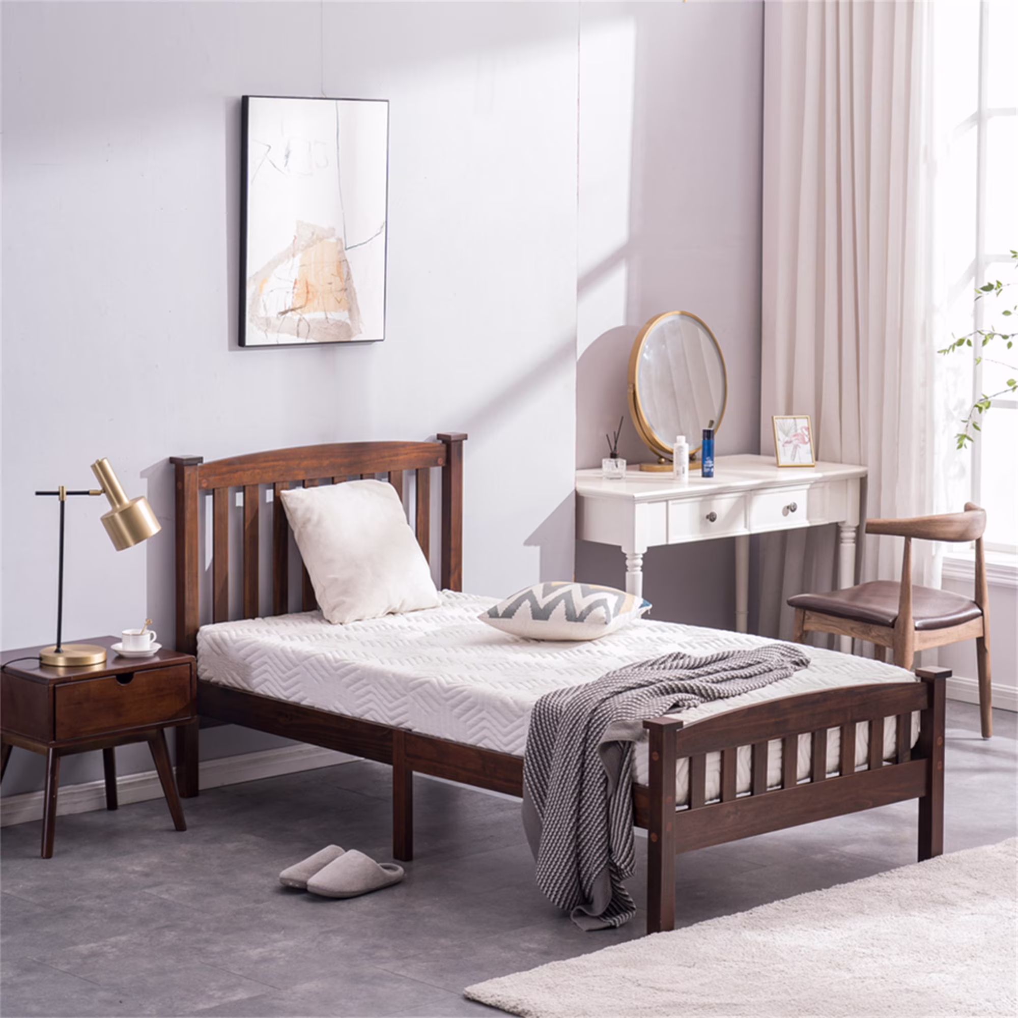Resenkos Twin Bed Frame with Headboard, Solid Wood Platform Bed Frame with Wood Slat Support, No Box Spring Needed Panel Bed, Walnut