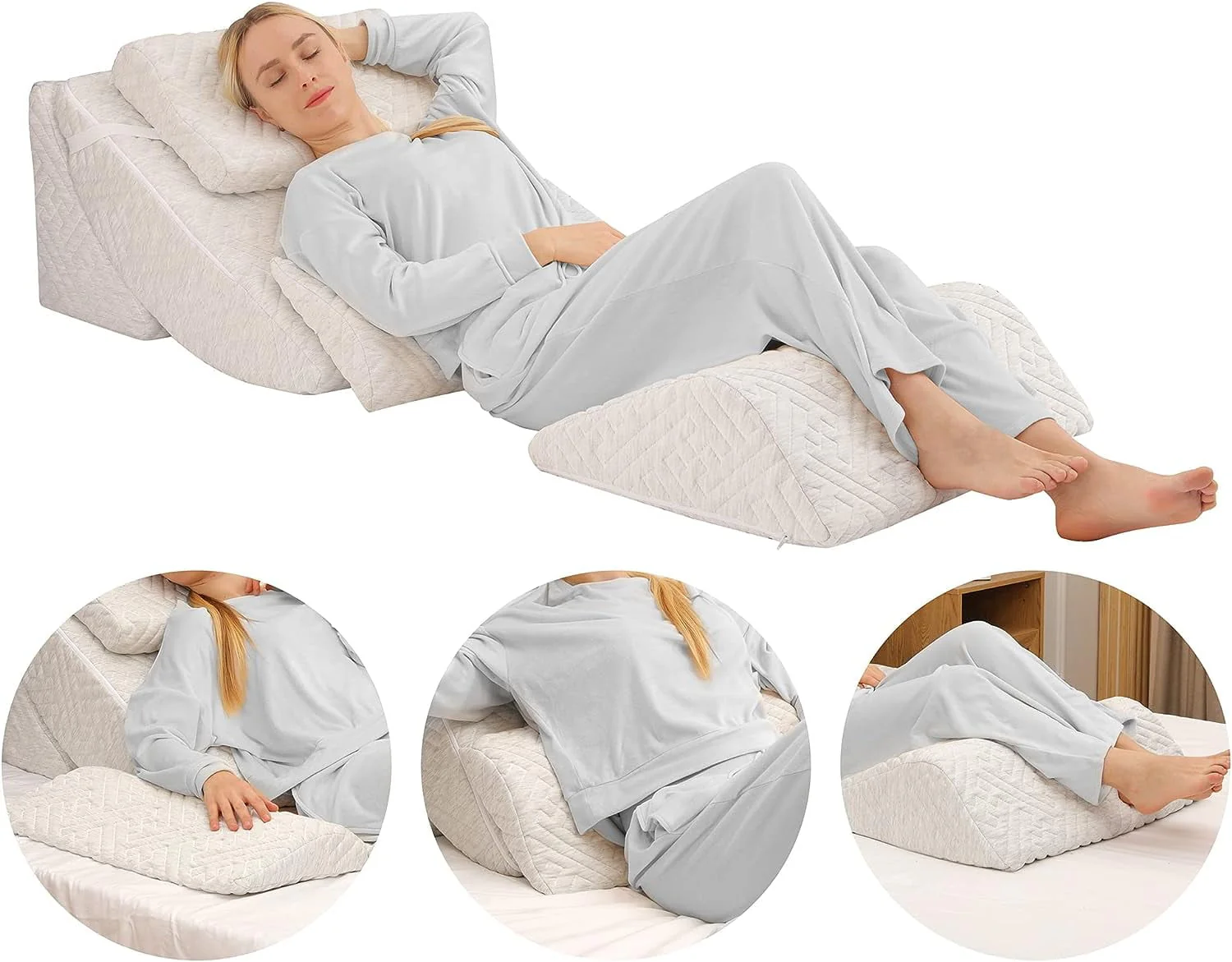 Tolead 5pcs Orthopedic Washable Bed Wedge Pillow Set, Adjustable Memory Foam, Sleeping, Reading, Gray