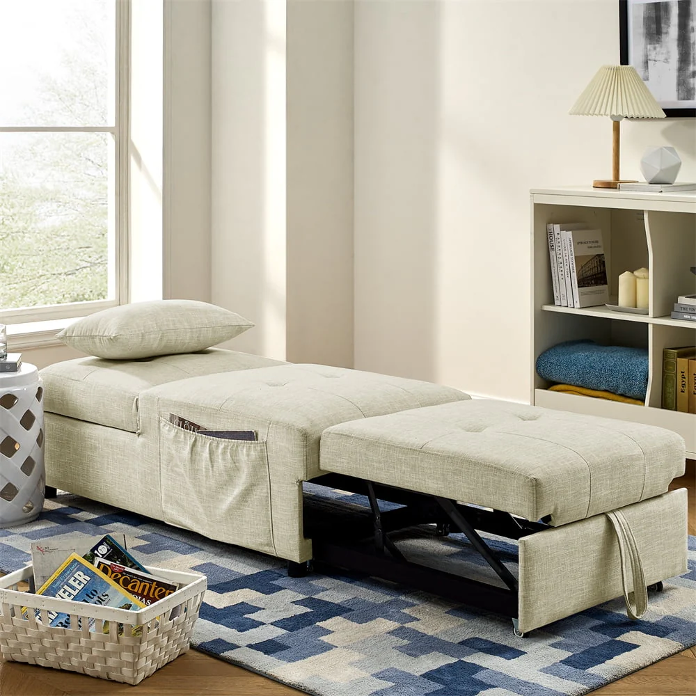 Ottoman Sofa Bed, 4 in 1 Multi-Function Folding Sleeper Couch Bed with Large Pockets and Pillow, Modern Convertible Chaise Lounge Chair with Adjustable Backrest for Living Room Small Apartment, Beige