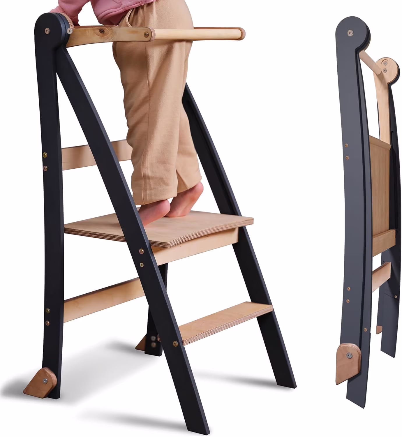 Folding Wooden Kitchen Standing Stool for Toddlers �C Safe & Compact Learning Step Stool, Ages 18 Months+