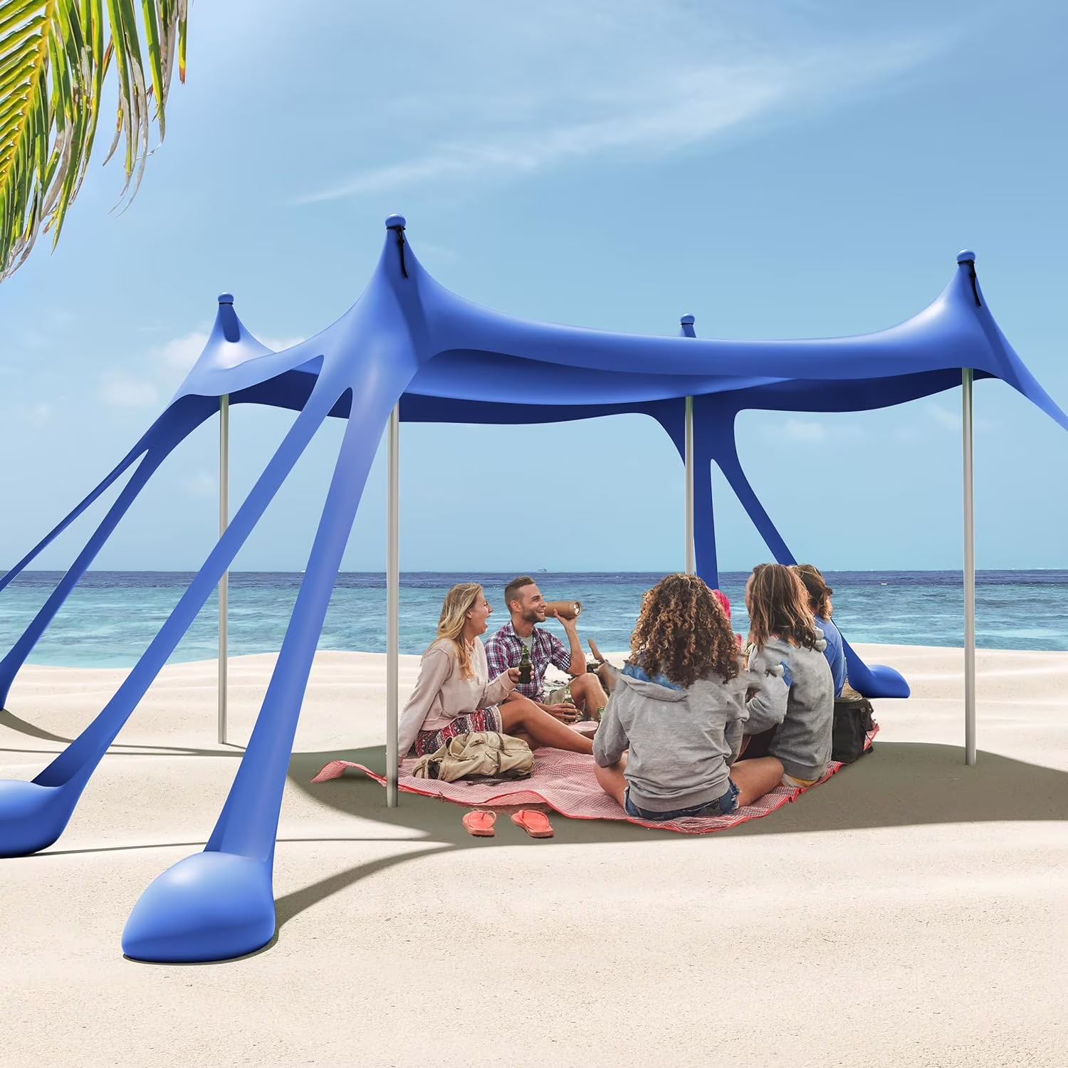 Beach Tent Canopy with 8 Sandbags 4 Aluminum Poles, Pop Up Portable Camping Sun Shelter, Easy Set Up with 2 Sand Shovel, Ground Pegs, Carrying Bag for Outdoor Beach,Picnic, Fishing