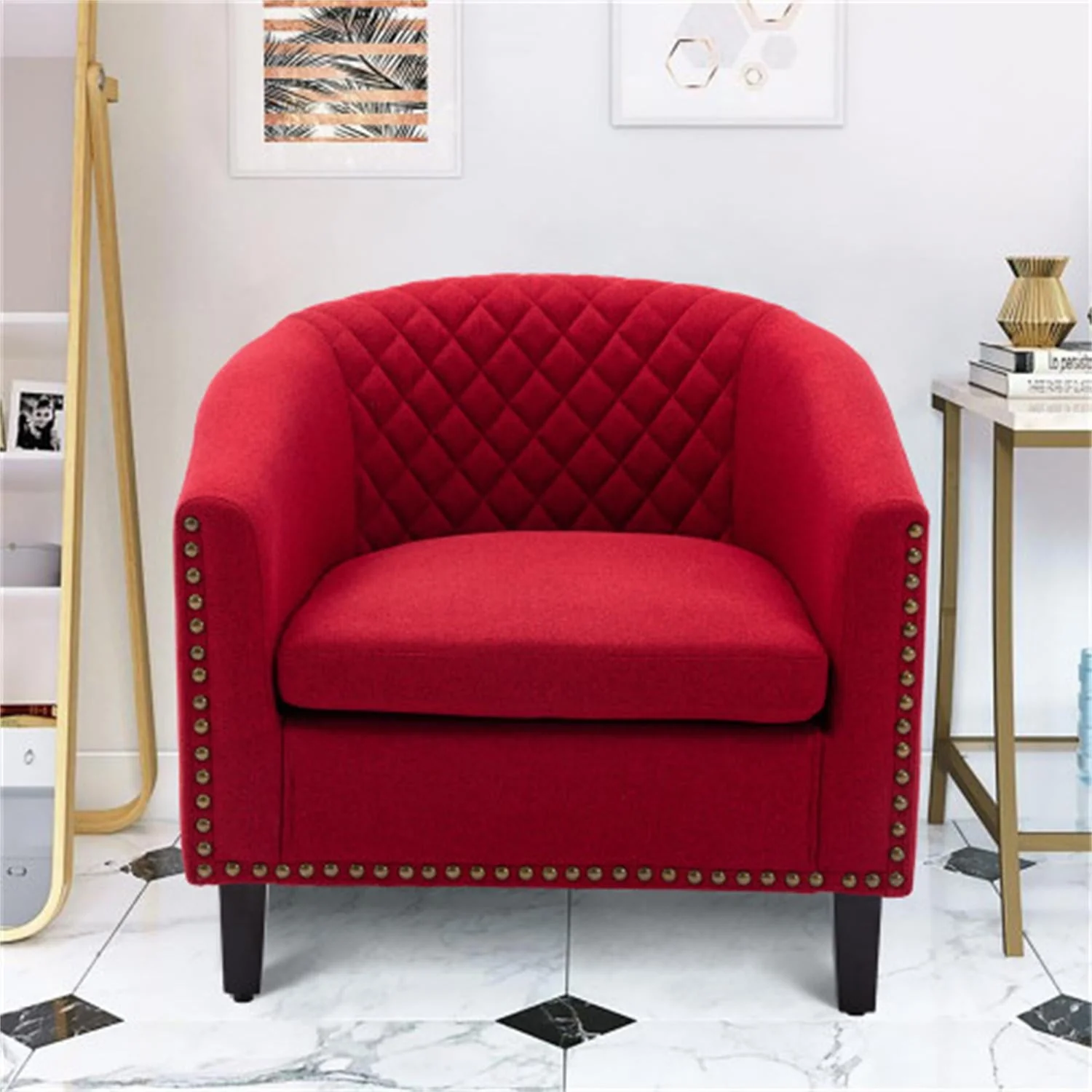 Lounge Barrel Chair,with Nailheads and Solid Wood Legs Linen, for Living Room,The Max Weight Capacity Is 250 LBS Red