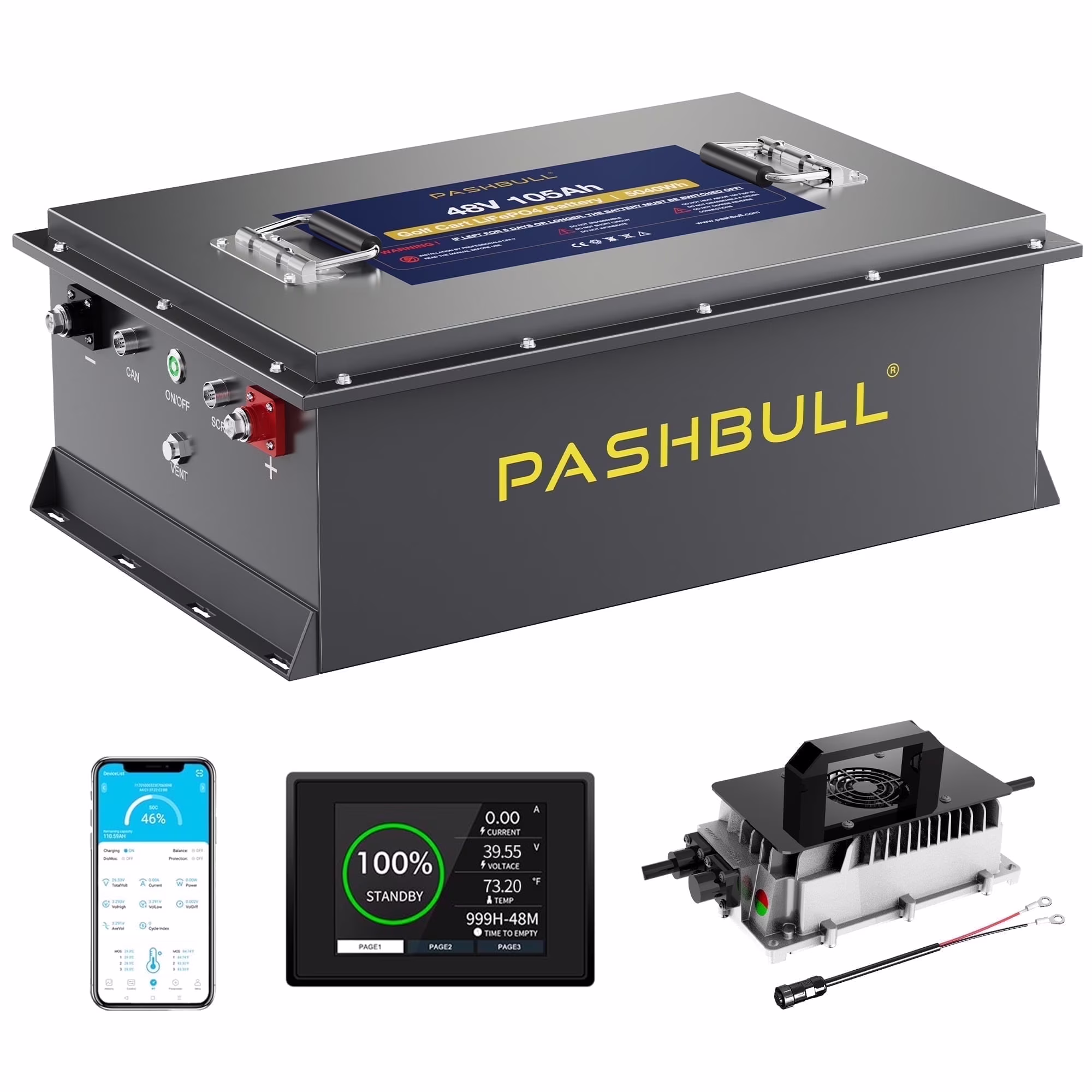 PASHBULL Lithium Golf Cart Battery, 48V 105Ah, 300A BMS, App Monitor, 6000+ Cycles, Max. 16kW Output