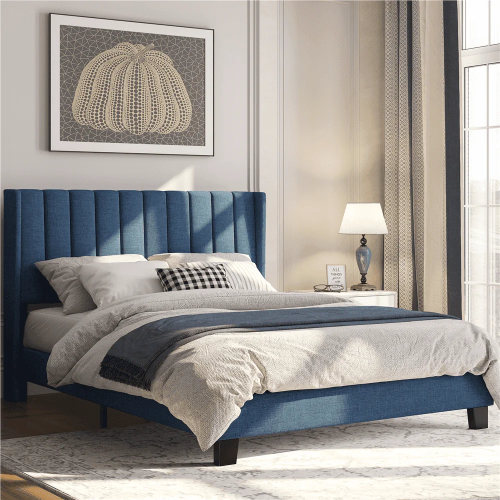 Topeakmart Queen Platform Bed with Upholstered Headboard & Mattress Foundation, Navy Blue