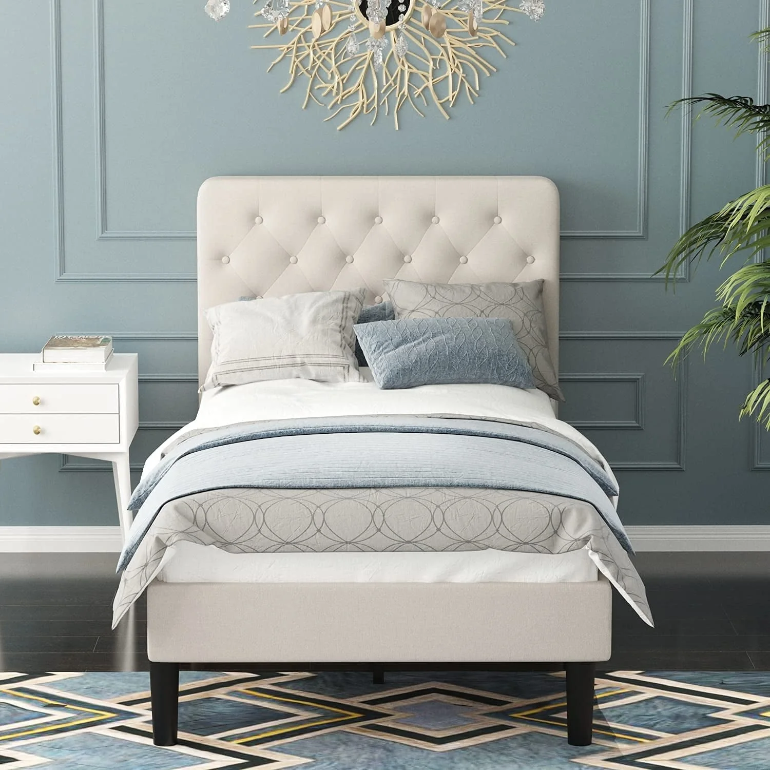 Twin Size Upholstered Linen Platform Bed Frame with Button Tufted Headboard, Mattress Foundation, Beige