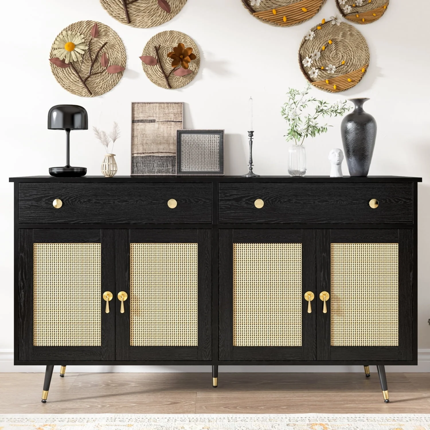 Catrimown Sideboard Buffet Cabinet, 2 Drawer and 4 Rattan Door Sideboard Storage Cabinet, Black