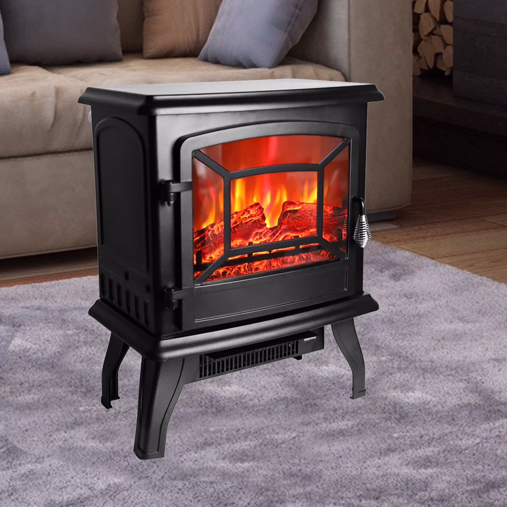 UbesGoo 1400W Free Standing Electric Fireplace Heater Fire Stove Flame Wood Log Portable