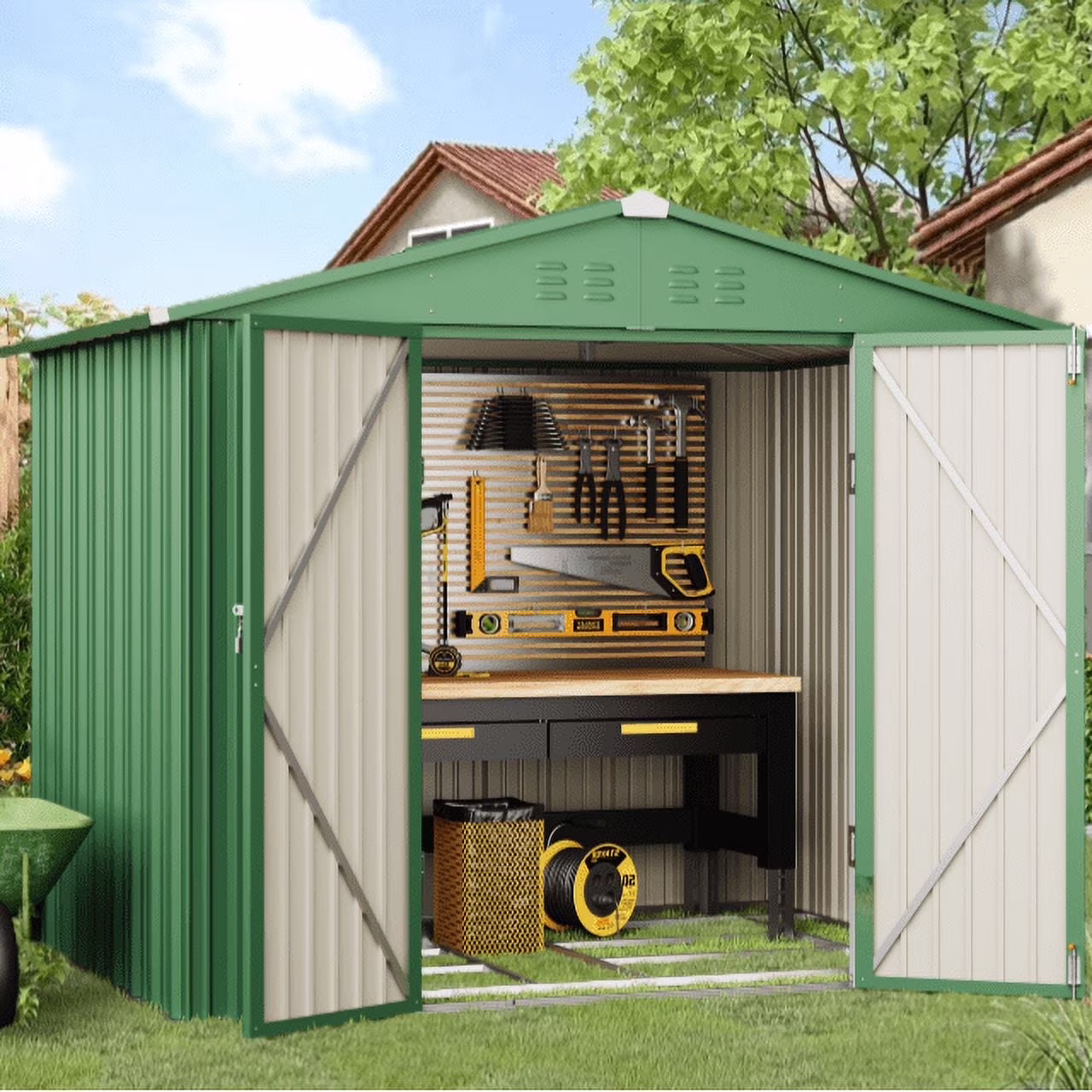 Lofka 8 x 6 ft. Outdoor Metal Storage Shed with Lockable Door for Backyard, Green Storage Shed