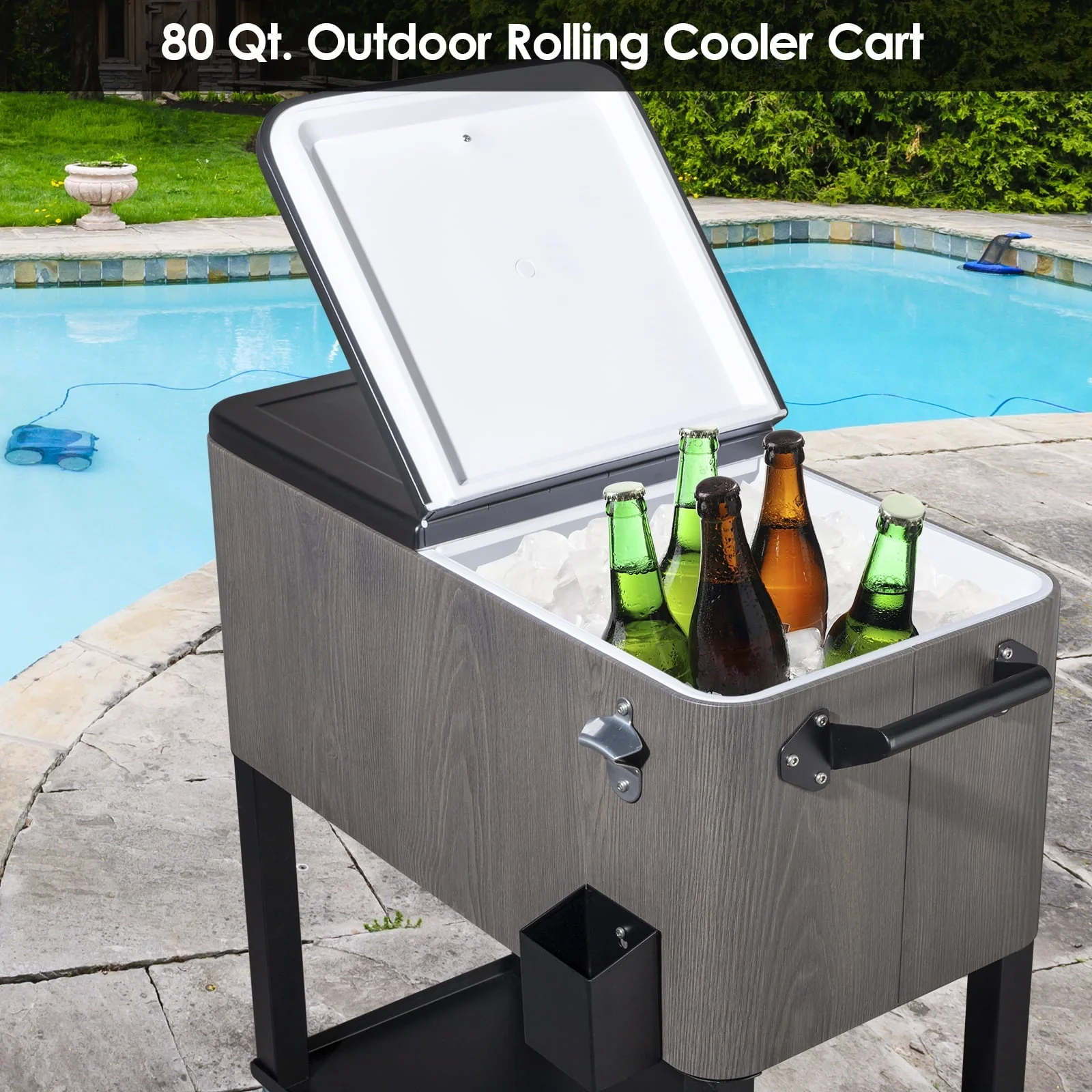 OverPatio 80QT Cooler Cart Rolling  Function with Shelf Wood Grain Accent Ice Chest Gray