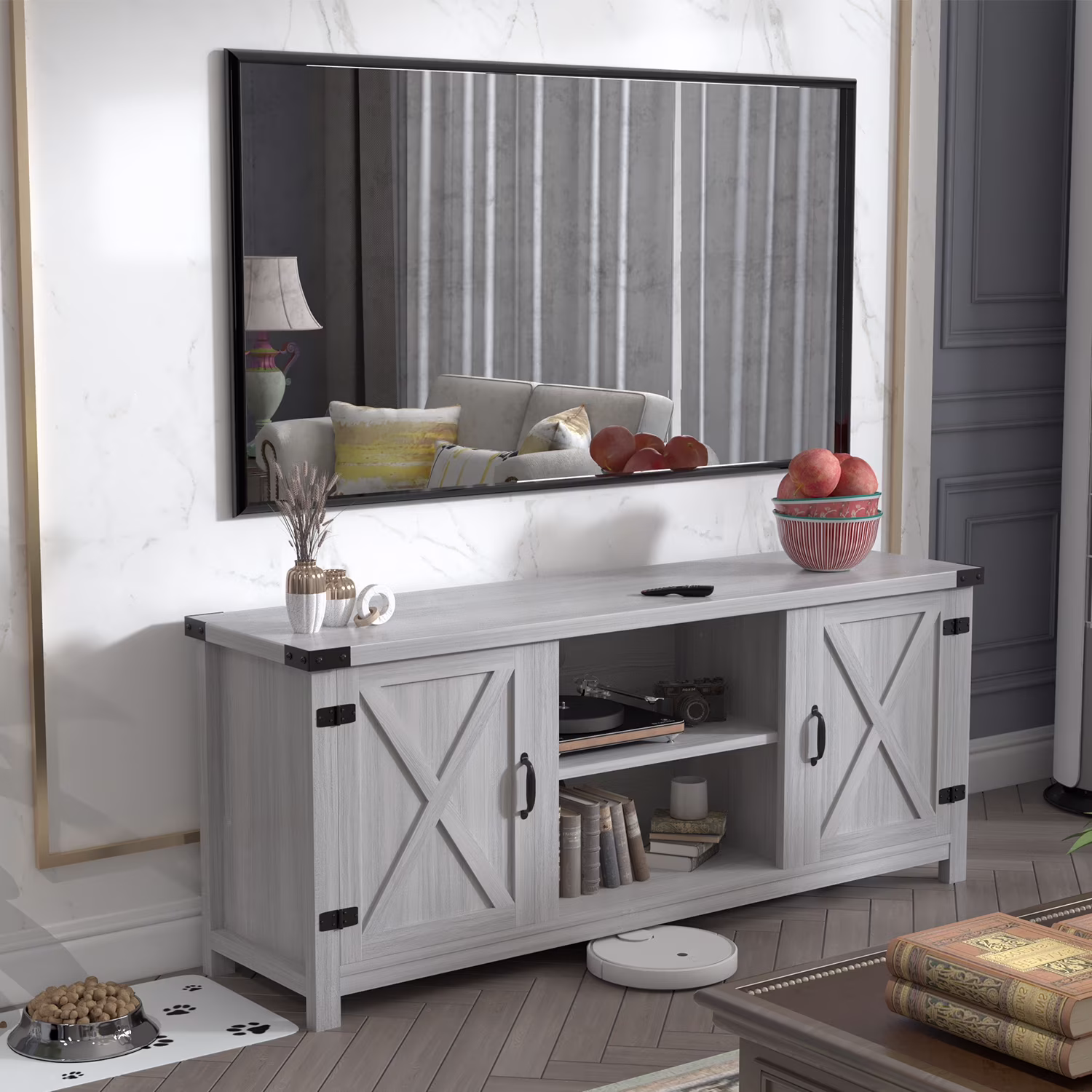 Furmax Barn Door TV Stand Media Console Center Industrial Style for TVs up to 65", Grey Wash