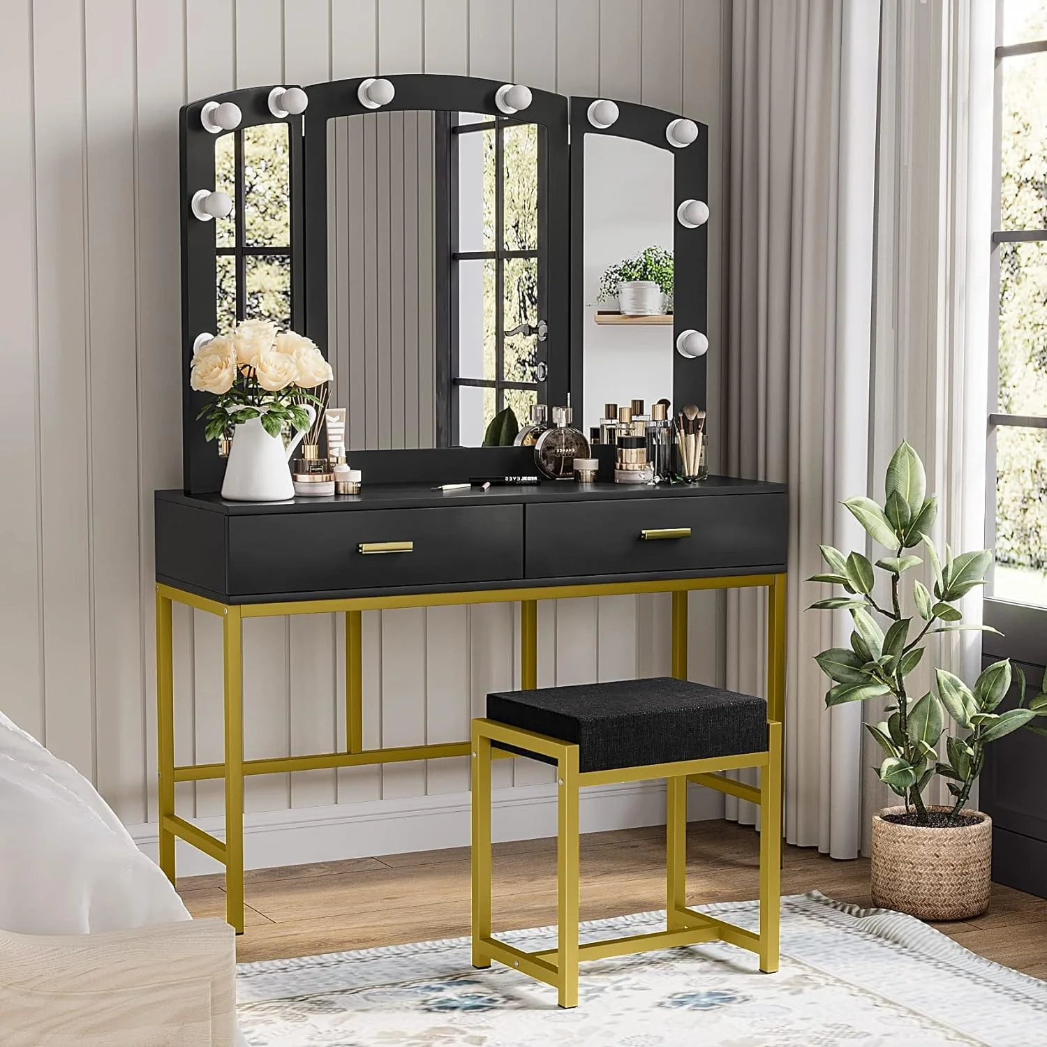Smuxee Modern Dressing Table Set, 10 LED Lights and 3pcs Mirror, 2 Storage Drawers, Black Vanity for Bedroom