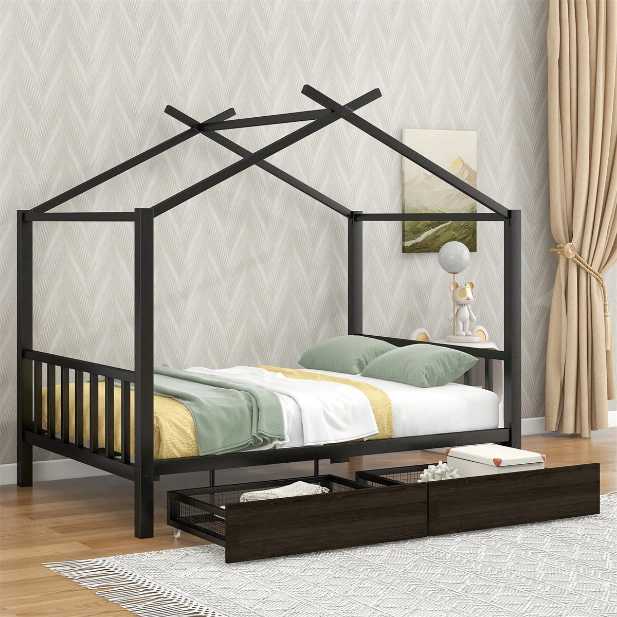 Metal Full House Bed with 2 Drawers,Full Size Platform Bed Frame with Roof,Headboard & Footboard,Canopy Bed Tent Bed Frame with Slats Support for Kids Teens Boys Girls,No Box Spring Needed,Black