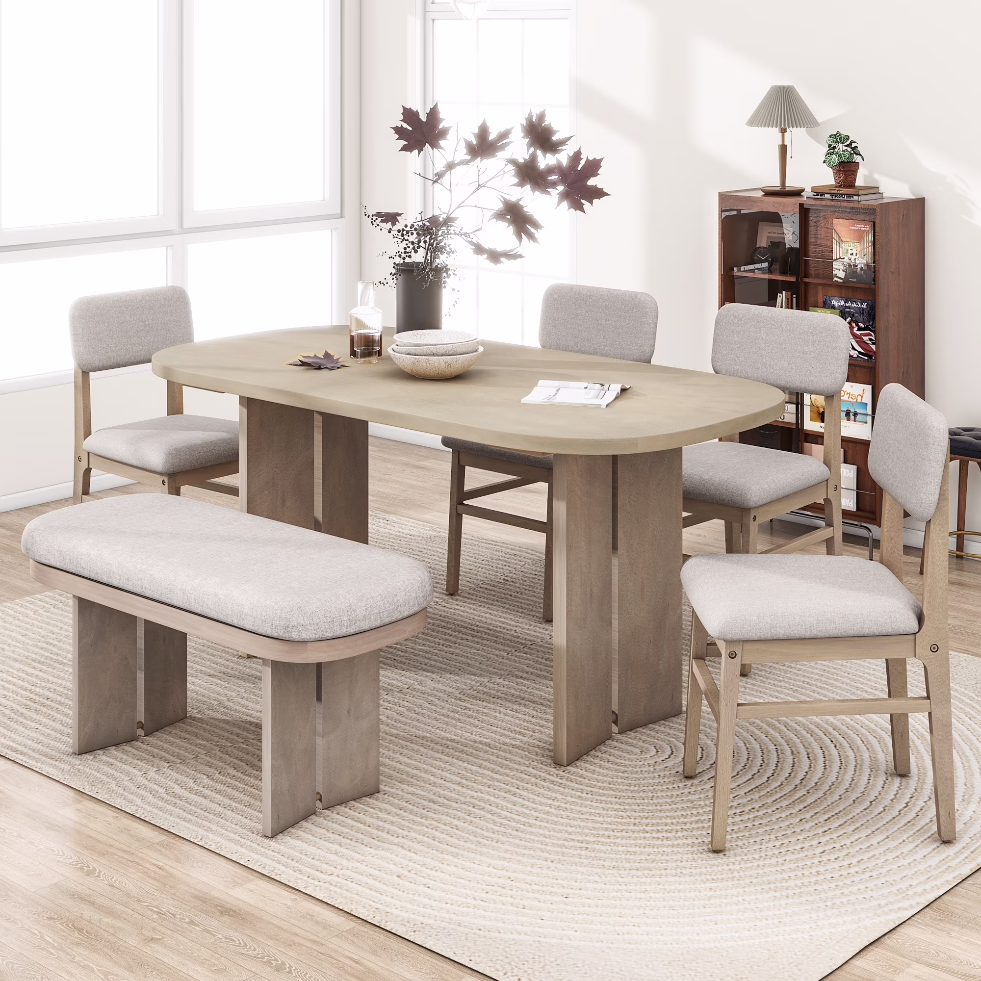 EUROCO 6-Piece Dining Table Set for 6, Rectangular Kitchen Table Set with Wood Frame, 4 Chairs and 1 Bench for Kitchen Dining Room Office,Natural