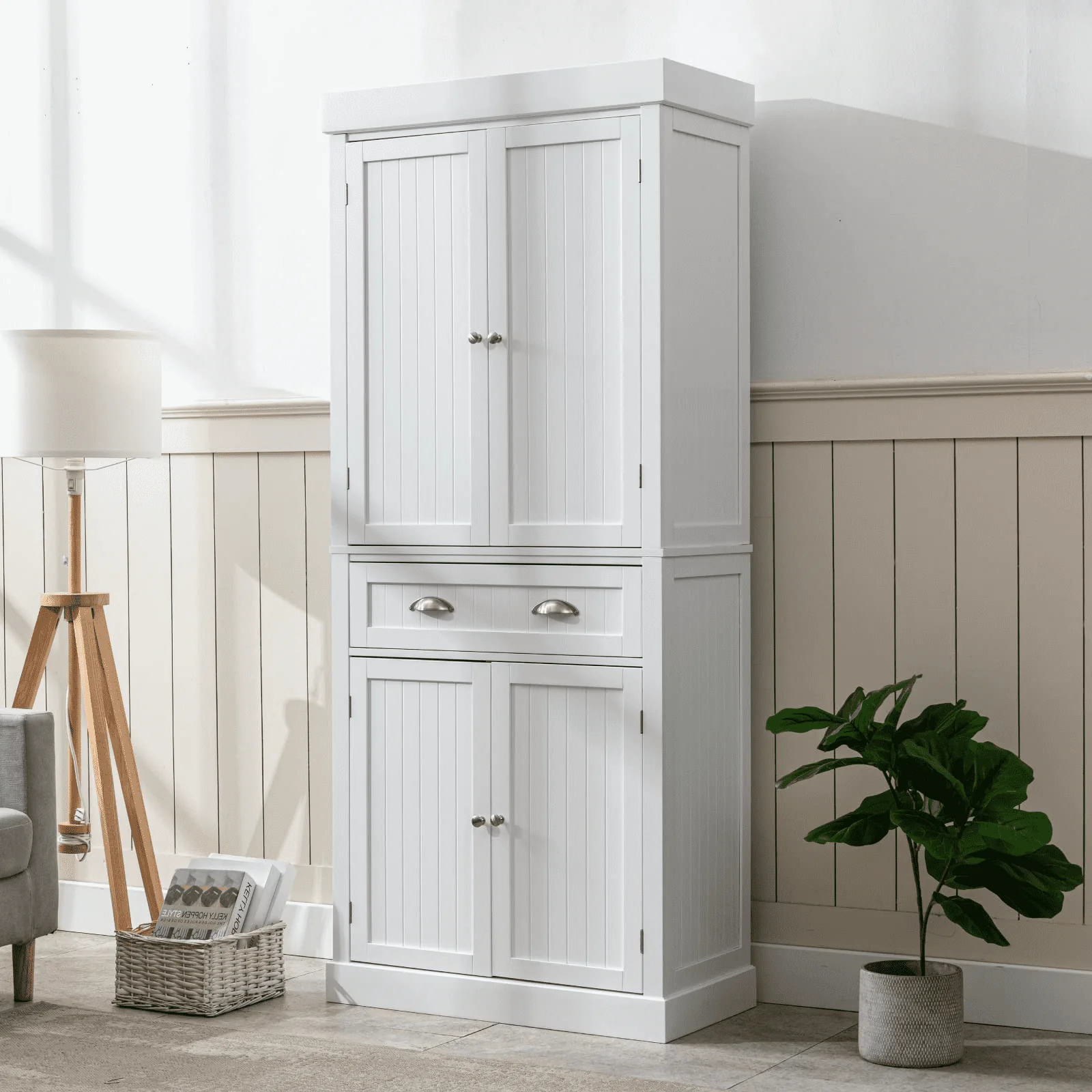 PWFE Kitchen Pantry Storage Cabinet, 72" Traditional Kitchen Pantry Cabinet, 6-Tier Freestanding Buffet Cupboards for Kitchen Storage(White)