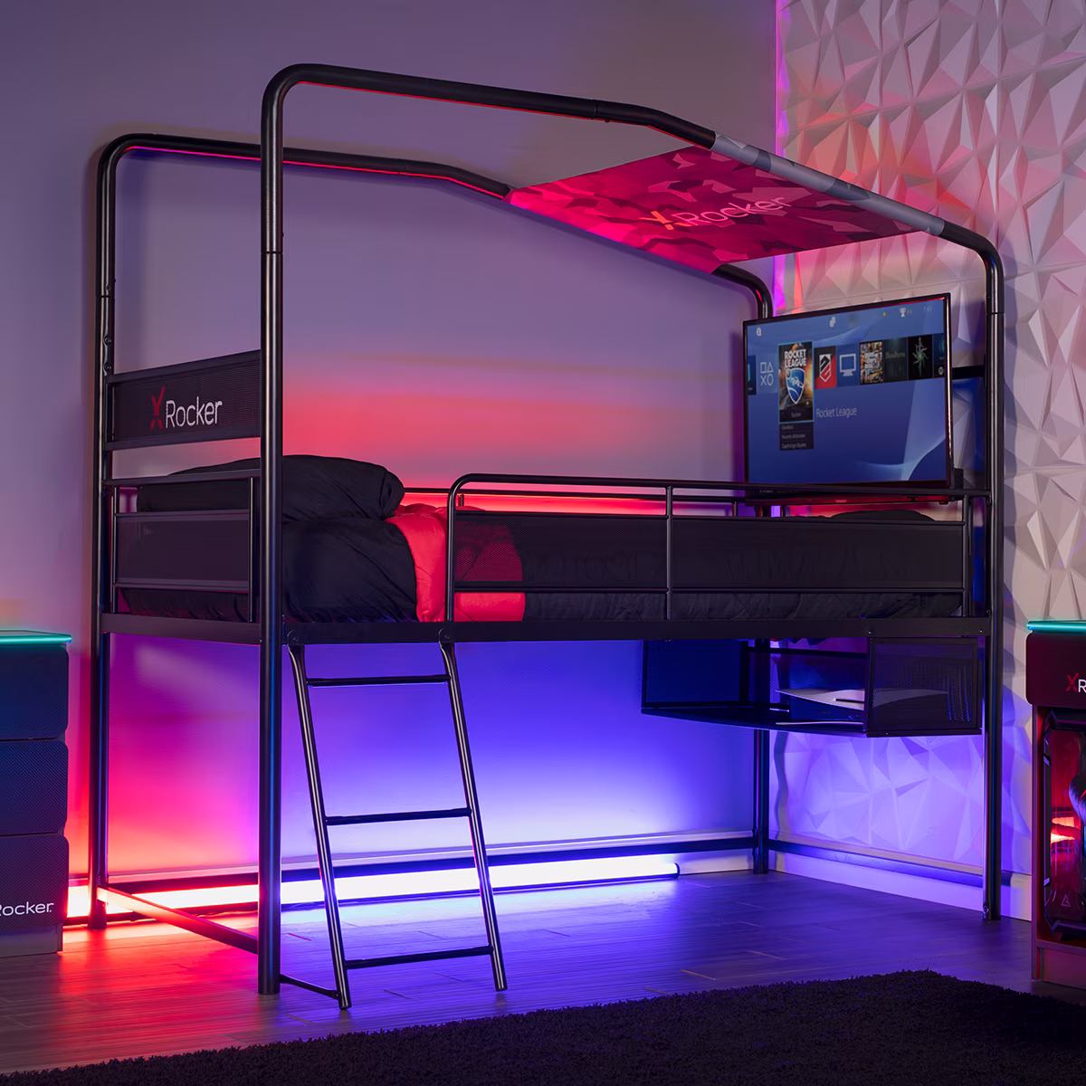 X Rocker Contra Mid-Sleeper Gaming Bed with TV Mount, Black, Twin, Children, Teen, 74.88 H