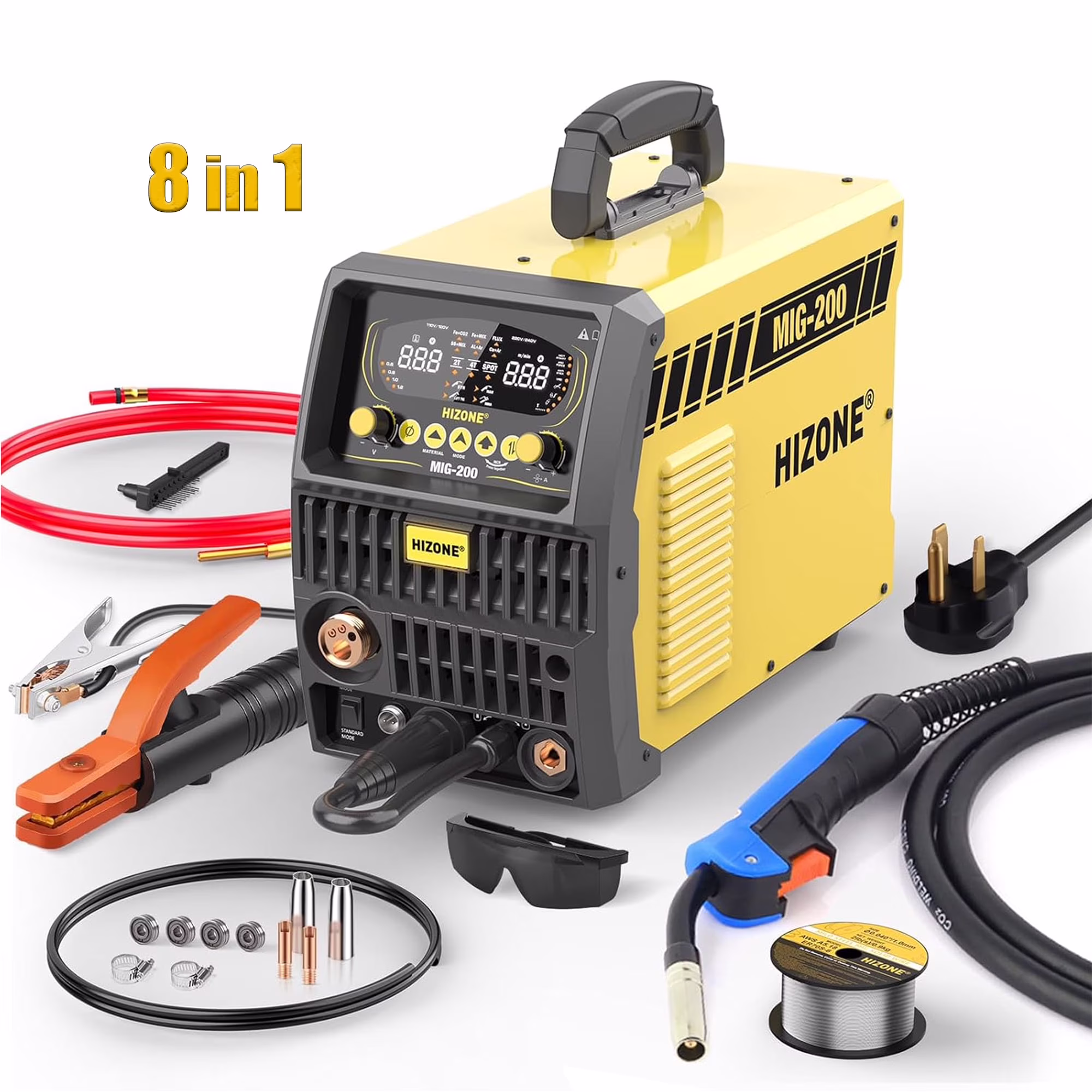 HIZONE 8 IN 1 Aluminum Welder, 200A 120/240V Gas Gasless Flux Core MIG/Stick/Lift TIG/Spot Welding/Spool Gun Welding Machine with Large LCD Display