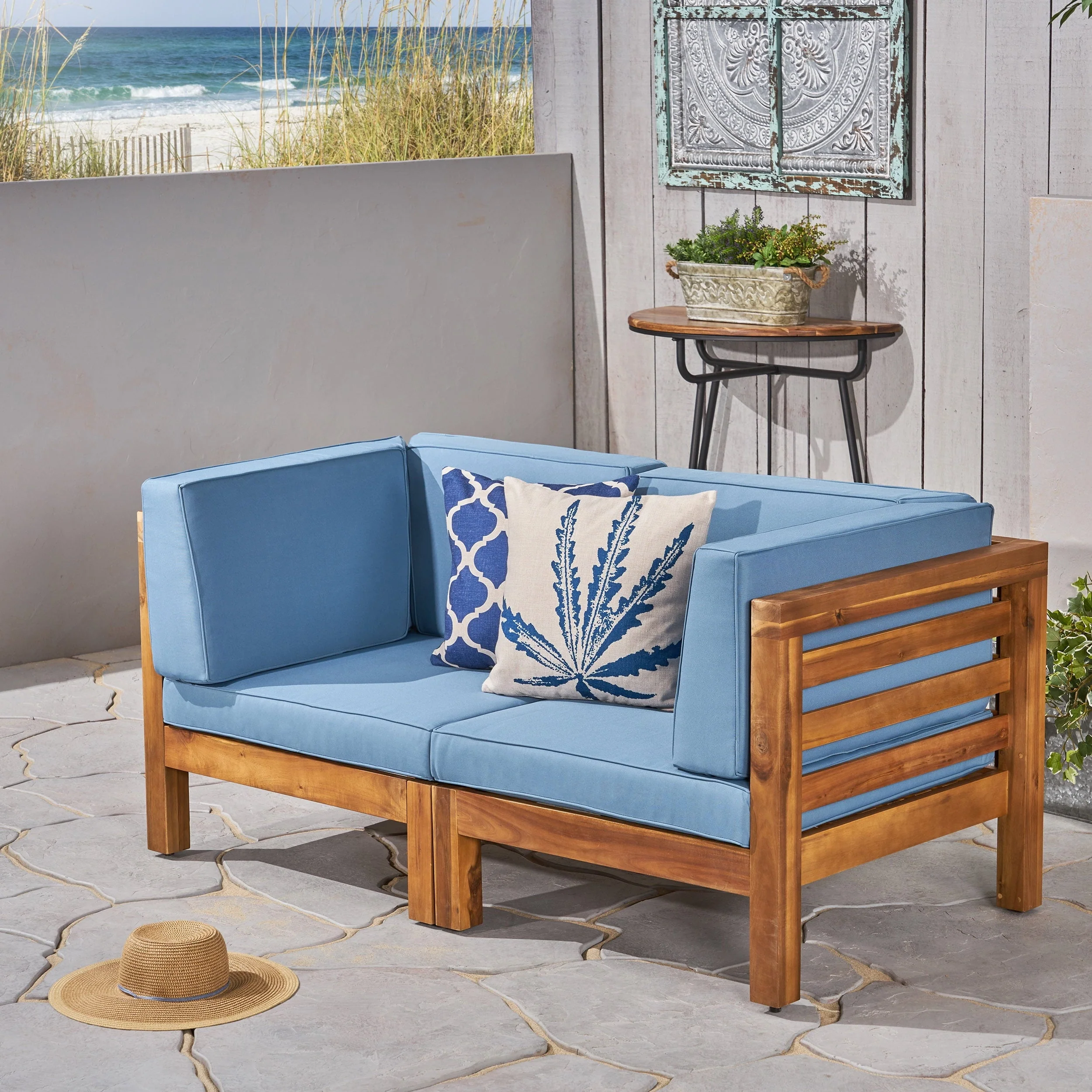Frankie Outdoor Acacia Wood Sectional Loveseat with Cushions, Teak, Blue