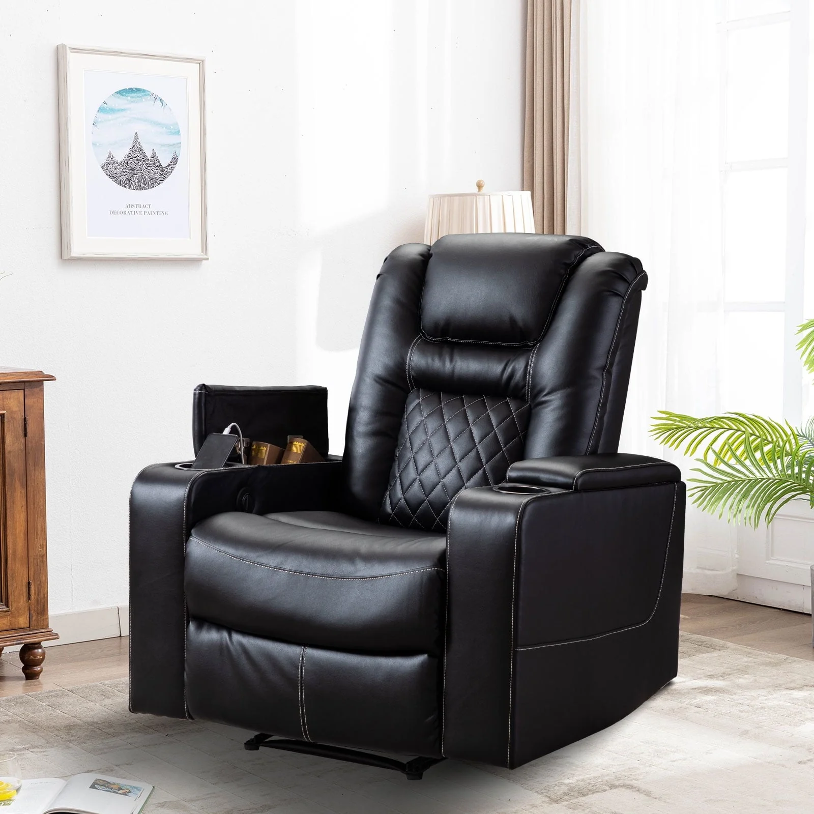 Bonzy Home Electric Power Recliner Chair with USB Ports and Cup Holders, Home Theater Seating with Hidden Arm Storage，Black
