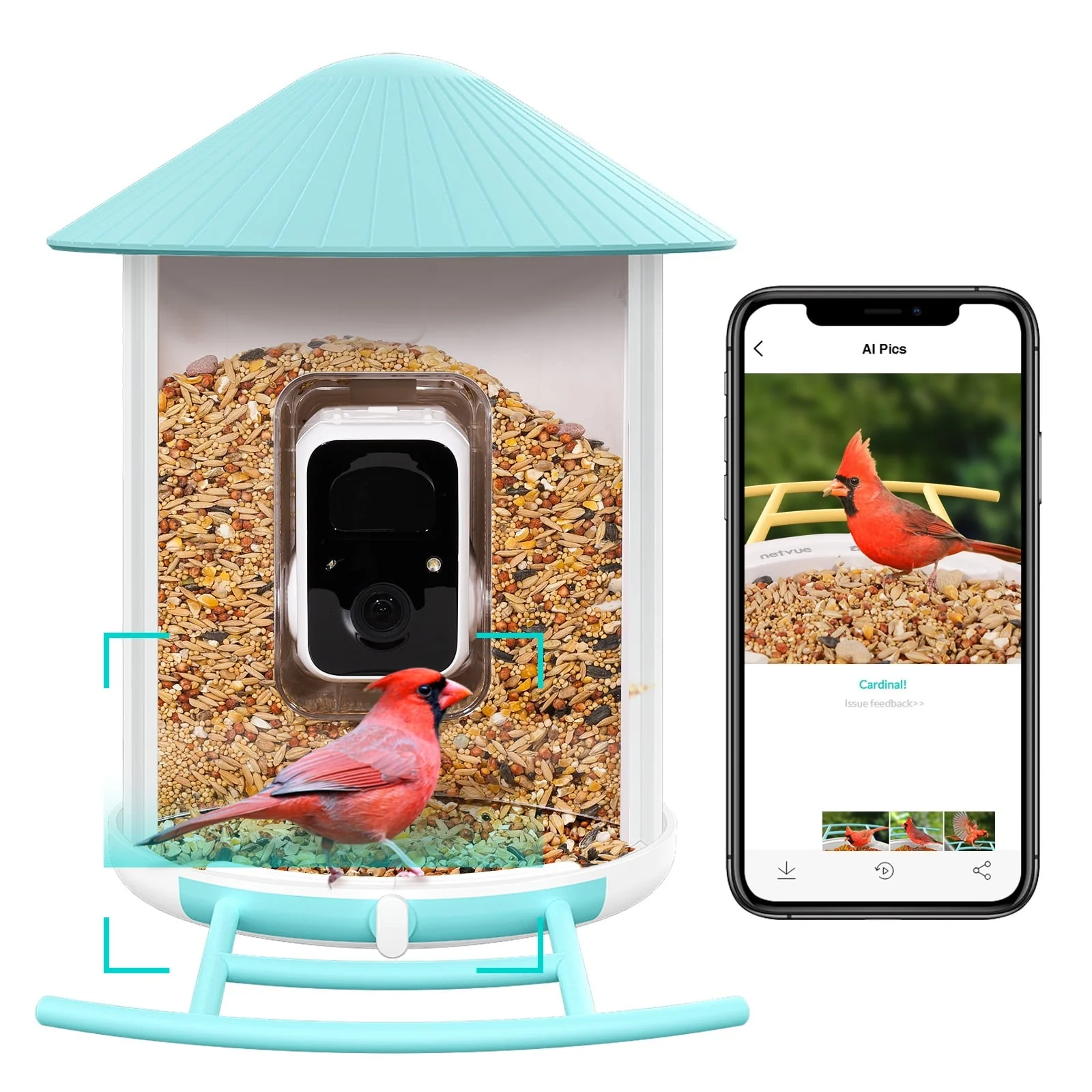 Smart Bird Feeder with Camera, Netvue Birdfy Feeder Camera Free AI Identify Gift for Parents and Bird Lover, Blue