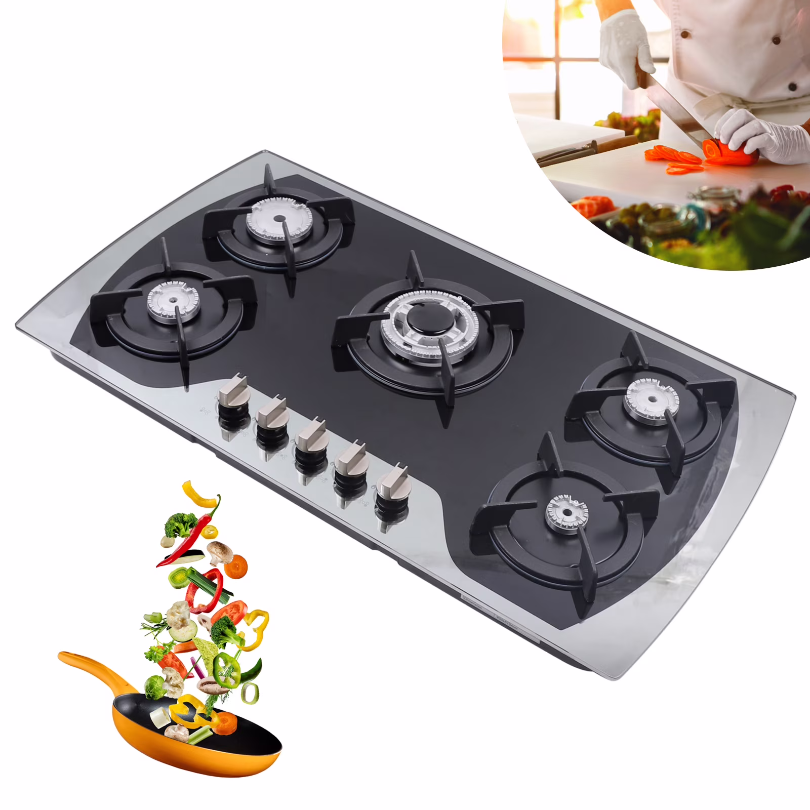 Toolven 20 Inch Gas Cooktop with 5 Burners, LPG/NG Convertible, Ideal RV Top Stoves for Kitchen, Stainless Steel
