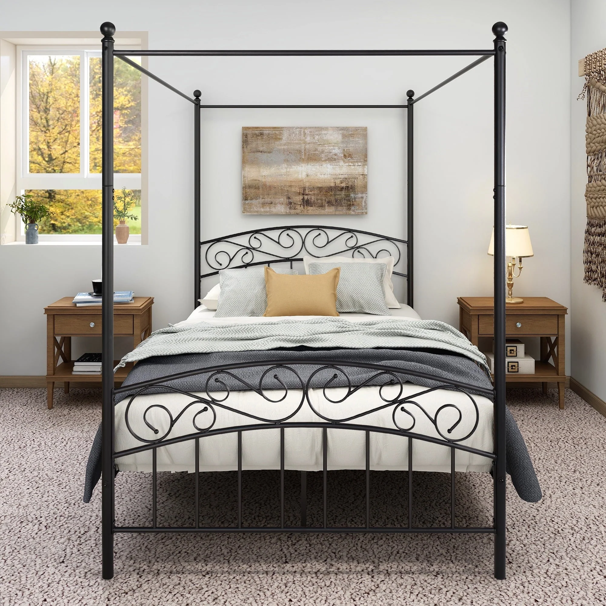 Full Size Sturdy Metal Canopy Bed Frame with Headboard and Footboard, Holds 600 lbs, Easy Assembly, All Parts Included Black
