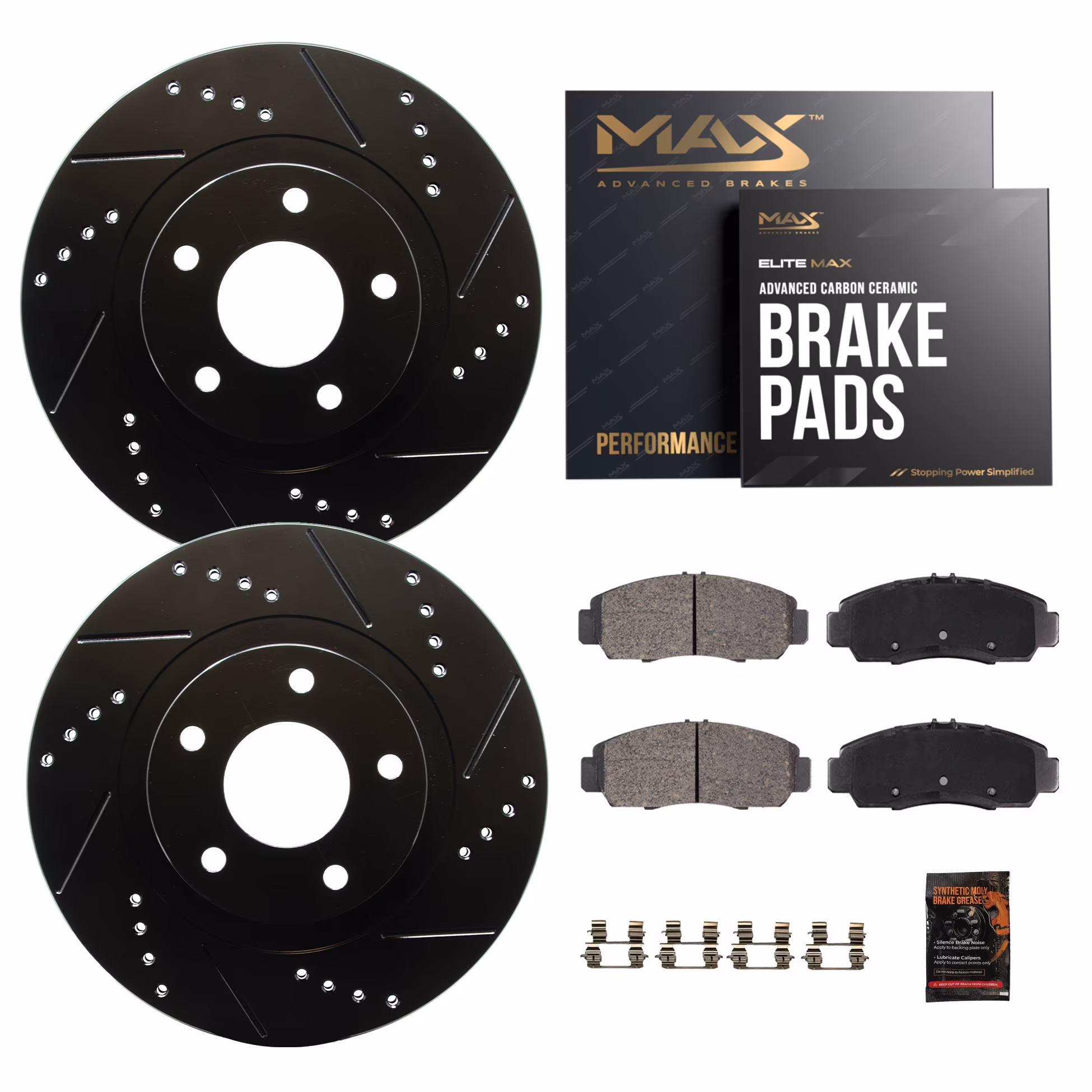 Max Advanced Brakes - Brake Kit for 2002 2003 Lexus ES300 2005-2007 Toyota Avalon Camry 2004-2010 Sienna Solara Front Replacement Drilled Slotted Black Coated Disc Brake Rotors and Ceramic Brake Pads