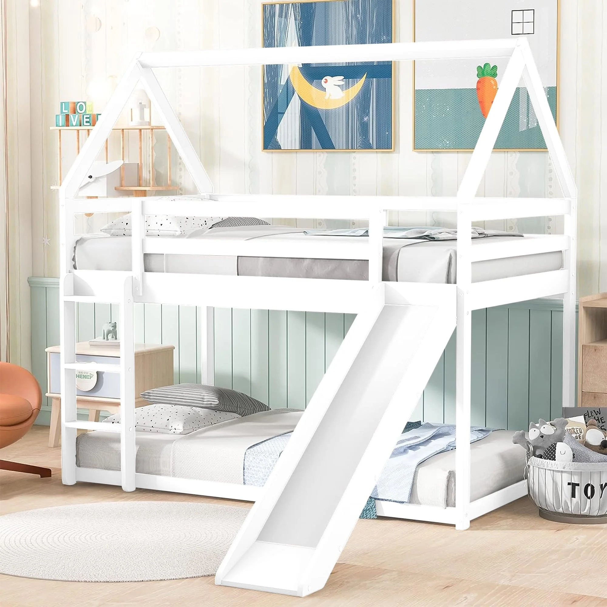Kumji House Bunk Bed with Slide for Kids, Twin over Twin Metal Bunk Beds with Ladder and Full Guardrails, Bunk Bed Frame for Bedroom Dorm, Low Bunk Bed for Girls Boys, No Box Spring Needed, White