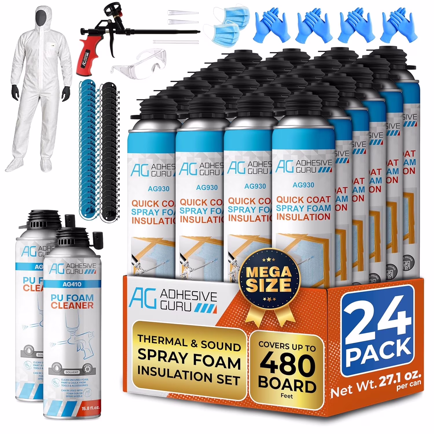 Adhesive Guru Spray Foam Insulation Kit (24 x 32.80 oz), Polyurethane Self-Expanding Spray Adhesive Foam, Closed Cell Heat Insulation and Acustic Spray with Cleaner and Dispensing Gun - 24 Pack