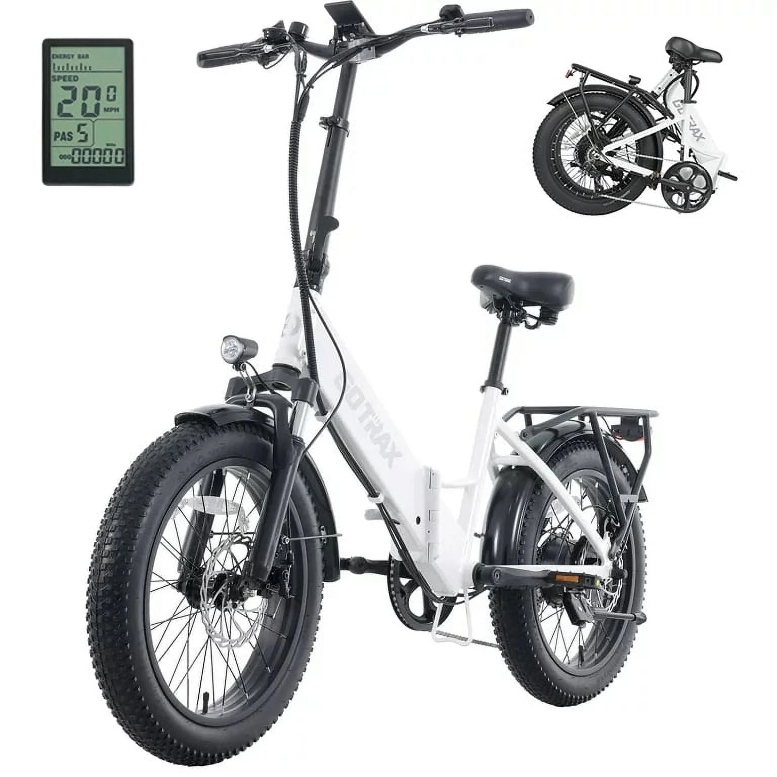 F2 Electric Bike for Adults, 500W/48V/20mph/20" x 3" Fat Tire Folding E-Bike with LCD Display and Adjustable Seat for Commute, Travel, White