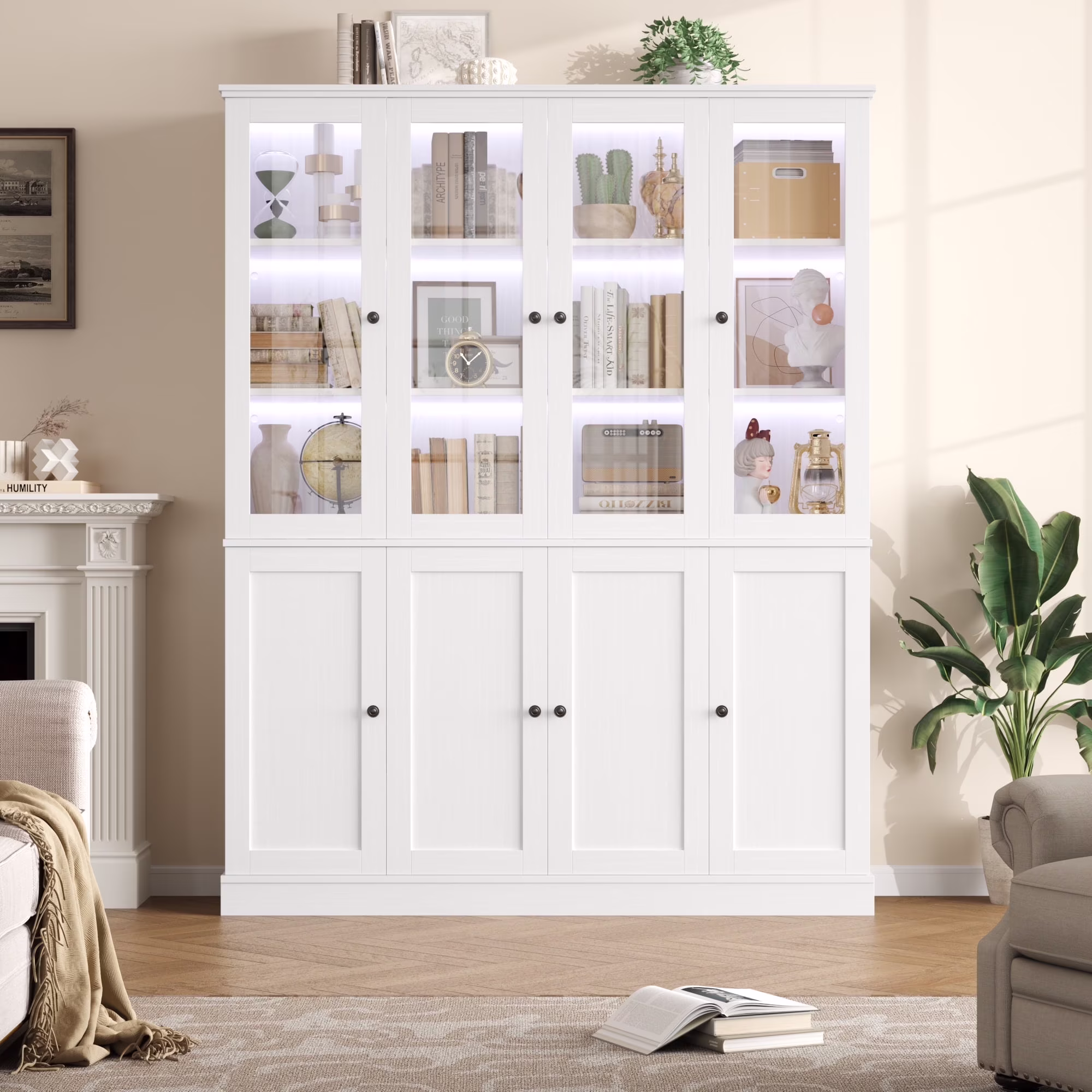 Homfa Kitchen Pantry Cabinet with Glass Doors, 74���� Tall Display Cabinets with LED & Adjustable Shelves for Living Room Office, White