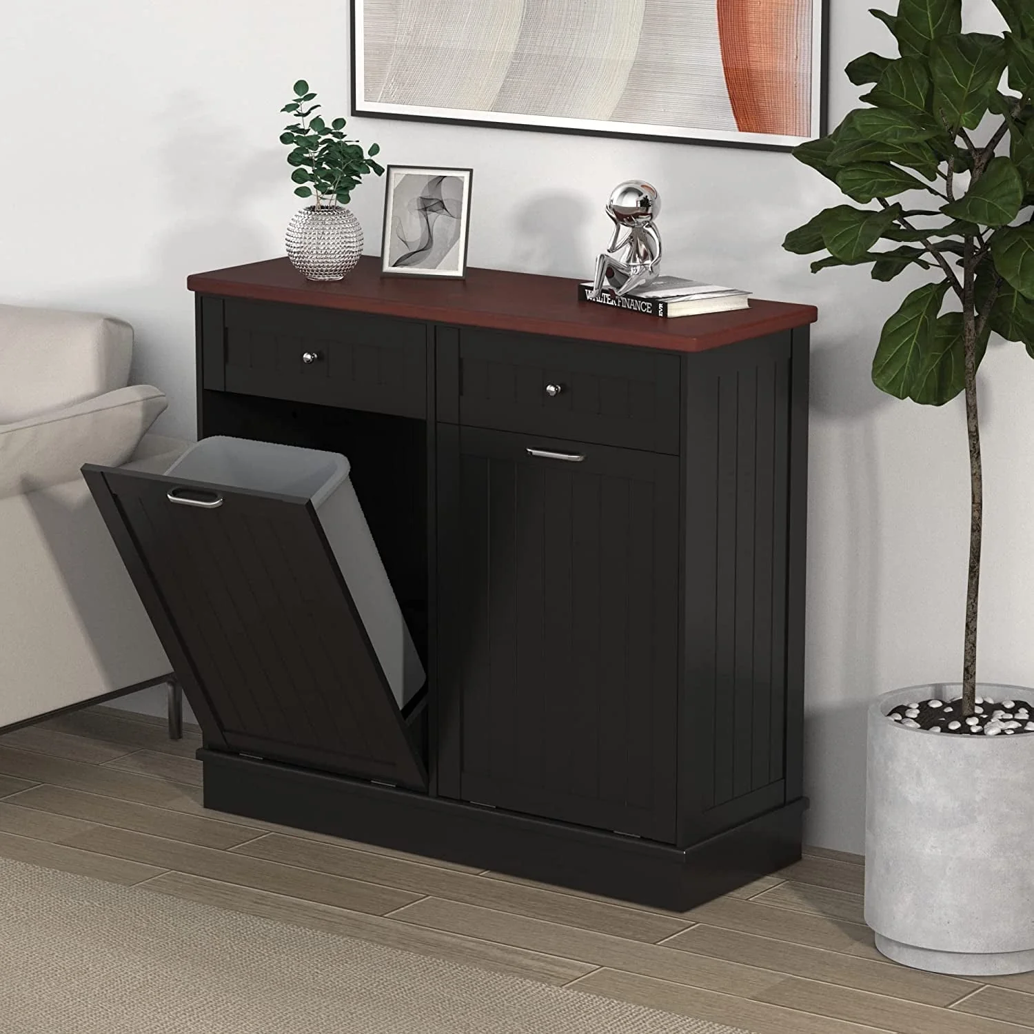 Tolead Double Tilt Out Trash Cabinet 10 Gallon Wooden Free Standing Laundry Sorter Cabinet,Recycling Cabinet with Hideaway Drawer,Tilt Out Trash Cabinet Can Bin Kitchen,Black