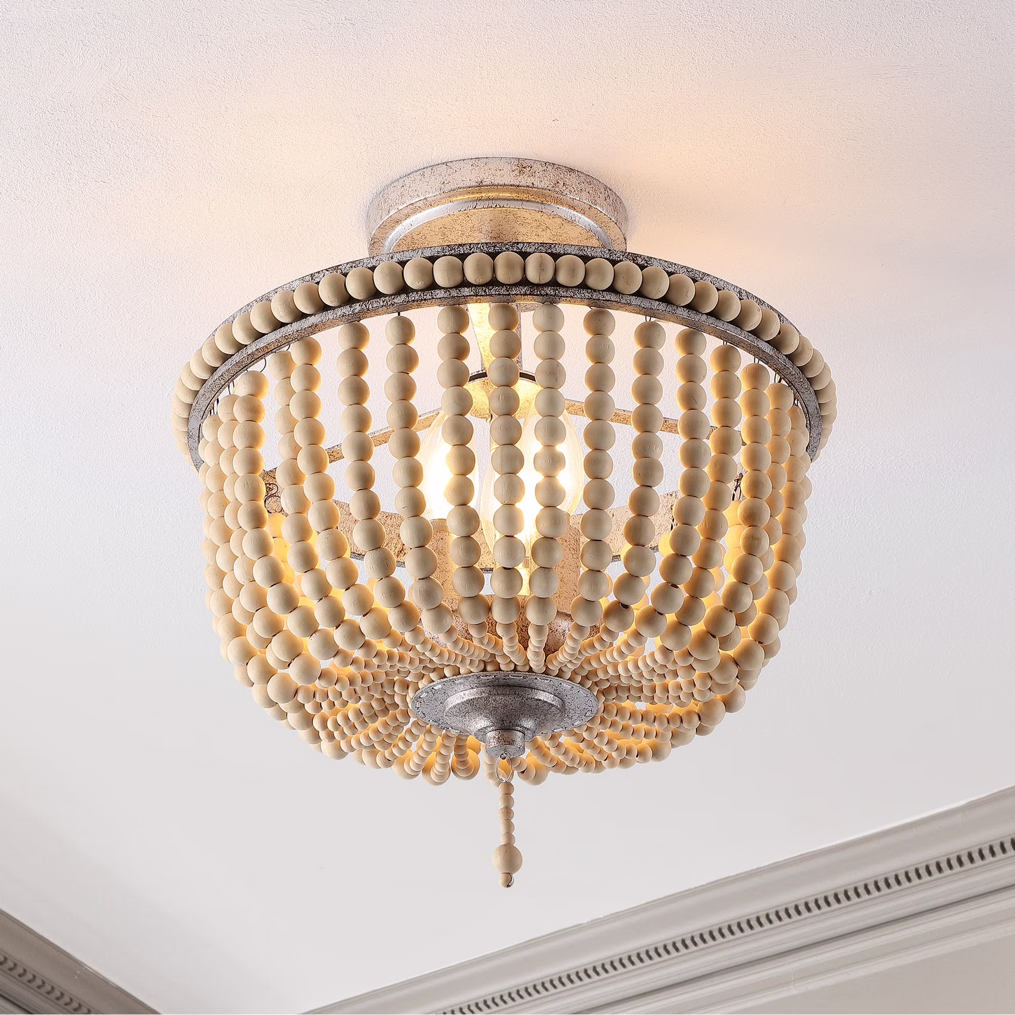 JONATHAN Y Allie 14" 3-Light Bohemian Farmhouse Wood Bead/Iron LED Semi Flush Mount, Antique Silver/Light Taupe