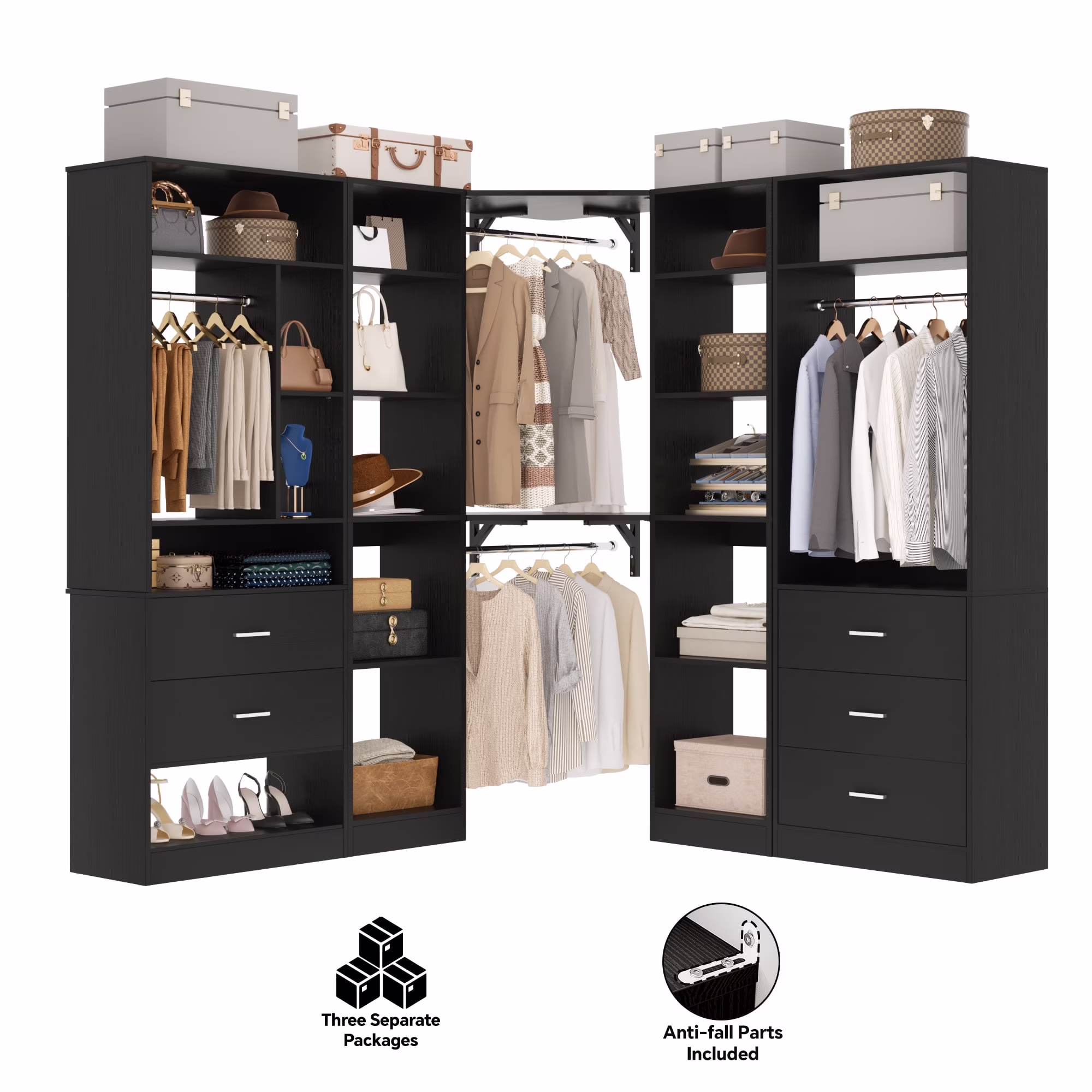 Homieasy Freestanding Closet System with 3 Sets, 87.2" Closet Organizer System with 5 Drawers & 4 Hanging Rods, Reversible L Shaped Walk-in Closets, Black