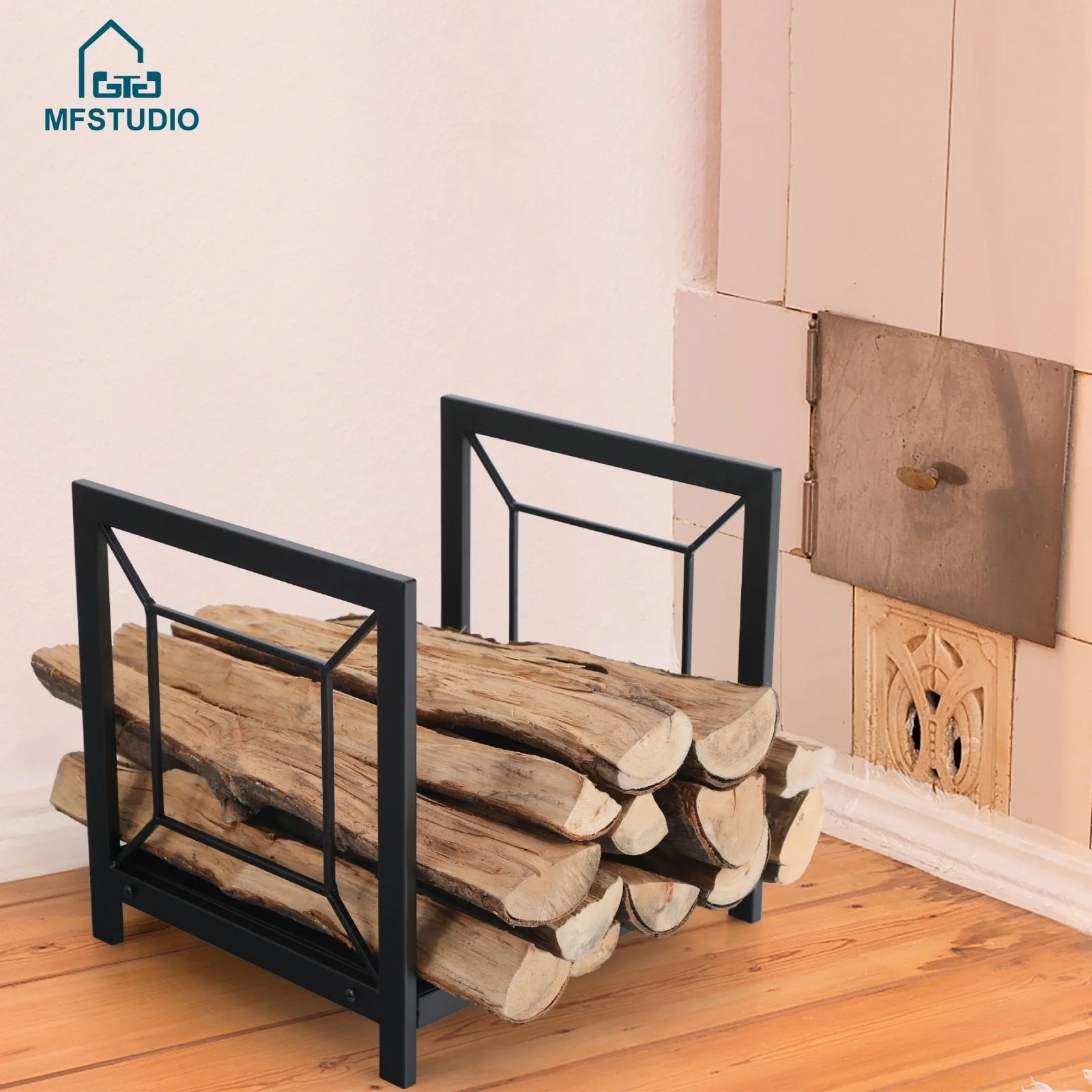 MF Studio 16 Inches Steel Firewood Log Rack Storage Holder Small Wood Storage Brackets Suitable for Indoor and Outdoor, Black