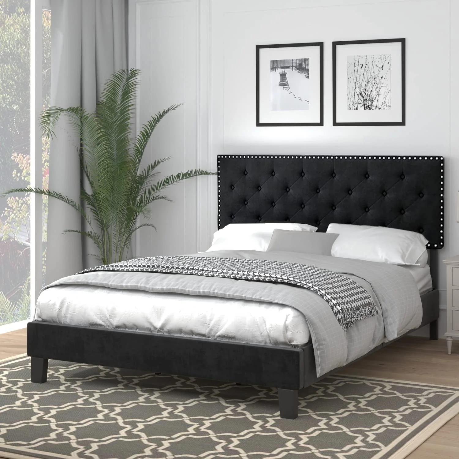 Catrimown Full Bed Frame, Upholstered Platform Bed Frame with Adjustable Button Tufted Nailhead  Headboard, Black