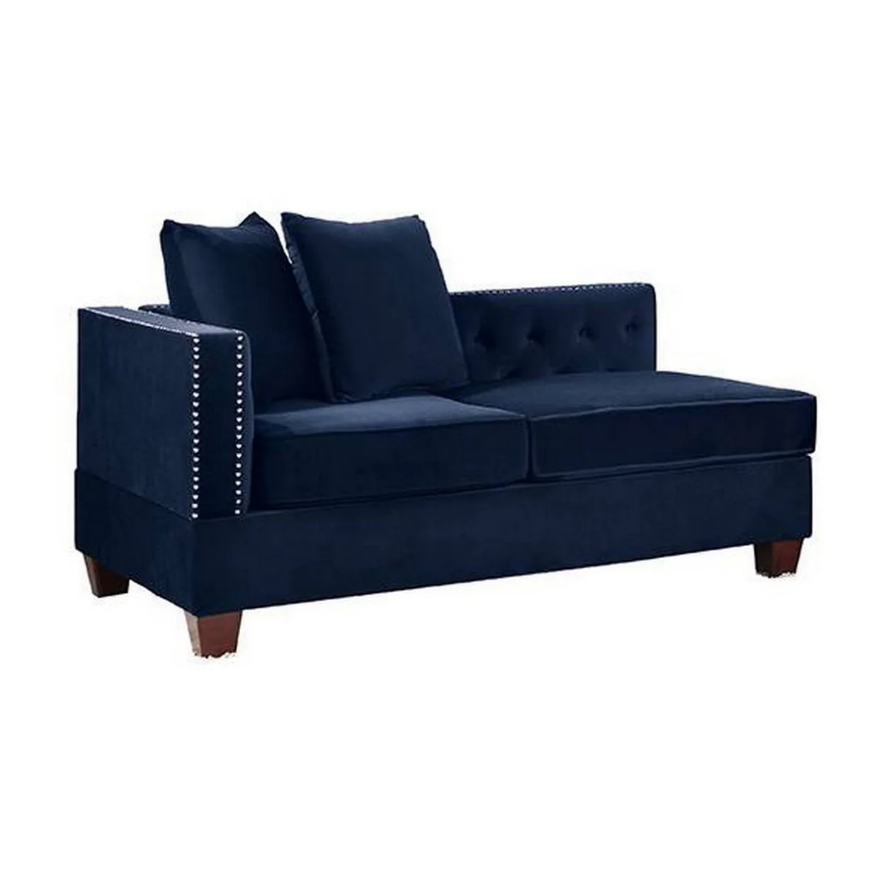 Mina 58 Inch One Arm Reversible Chaise, 2 Pillows, Nailhead Trim, Indigo- Saltoro Sherpi