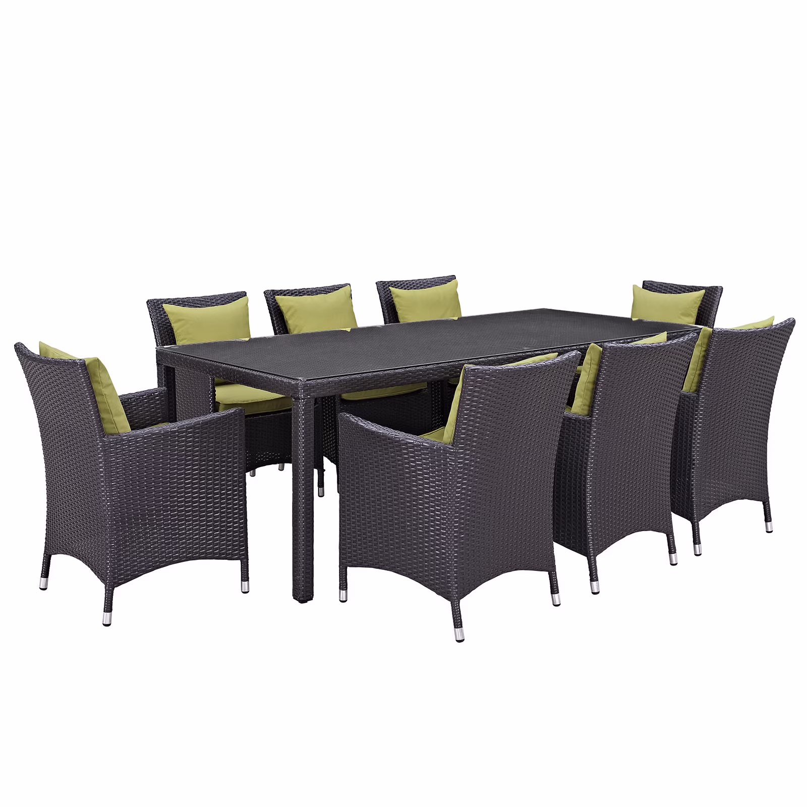Modern Contemporary Urban Design Outdoor Patio Balcony Nine PCS Dining Chairs and Table Set, Green, Rattan