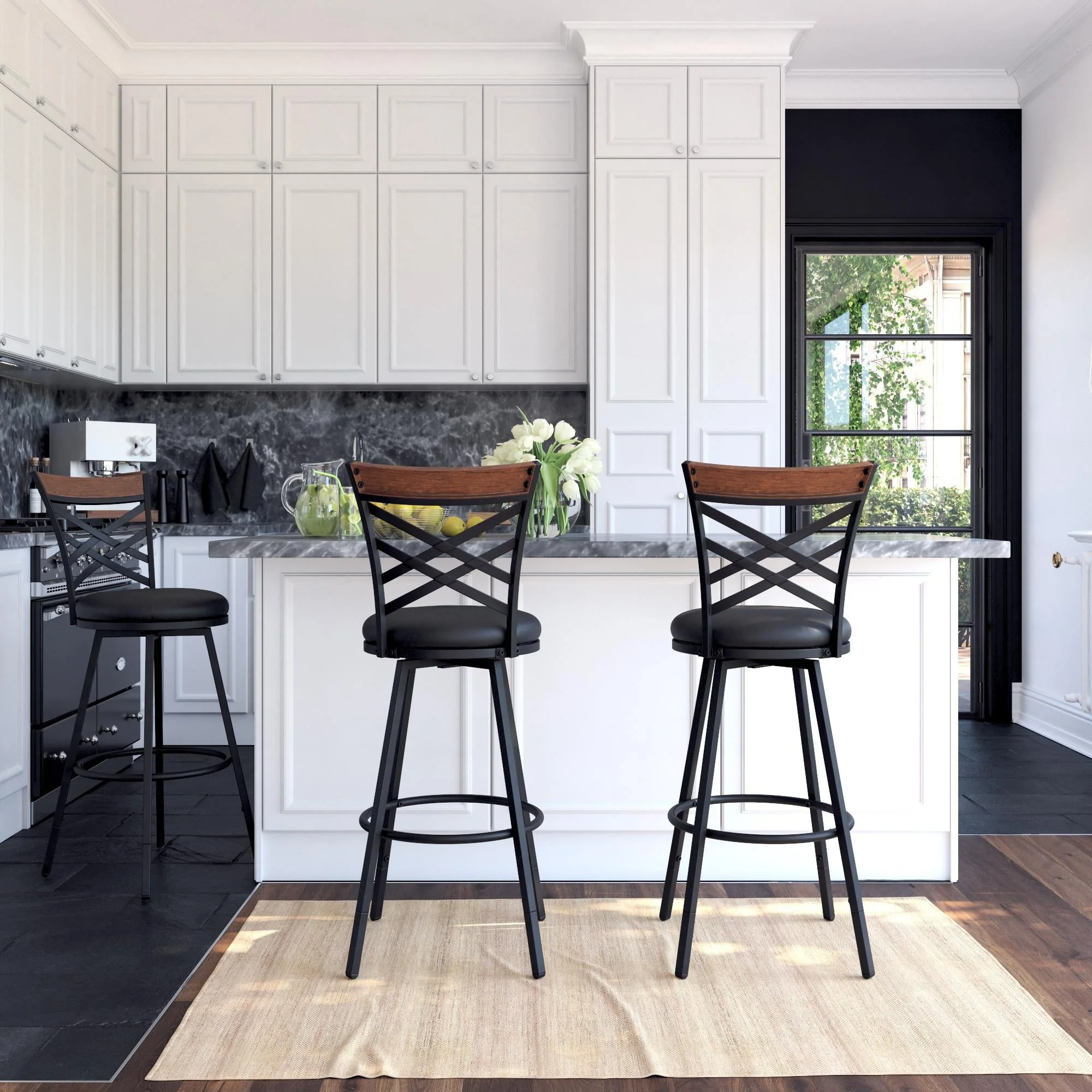 DHP Lesley Adjustable Swivel Barstool, Black Faux Leather, Set of 3