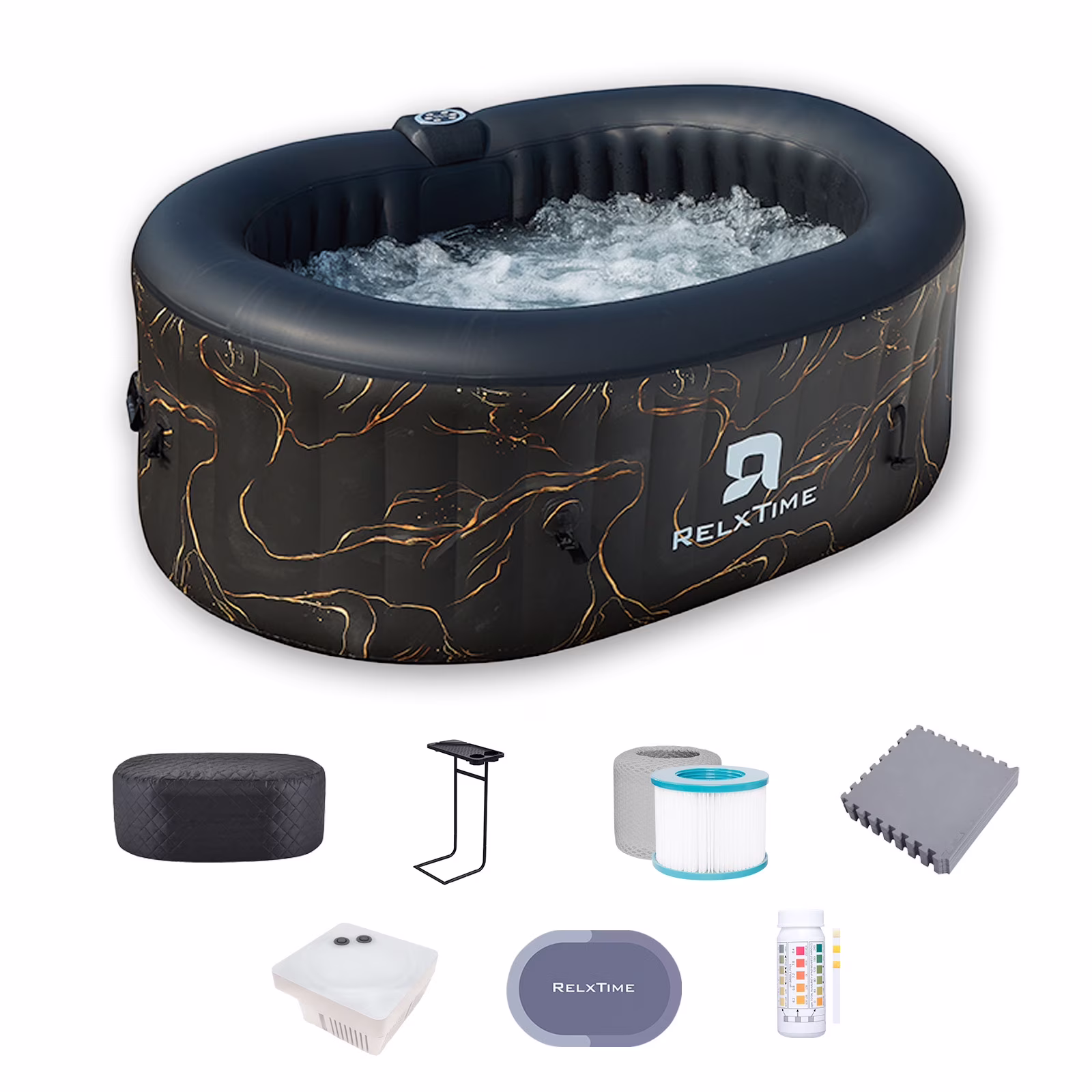 RELXTIME 2 Person Oval Inflatable Hot Tub Set Outdoor Spa with 100 Massage Jets, LED Light , Black
